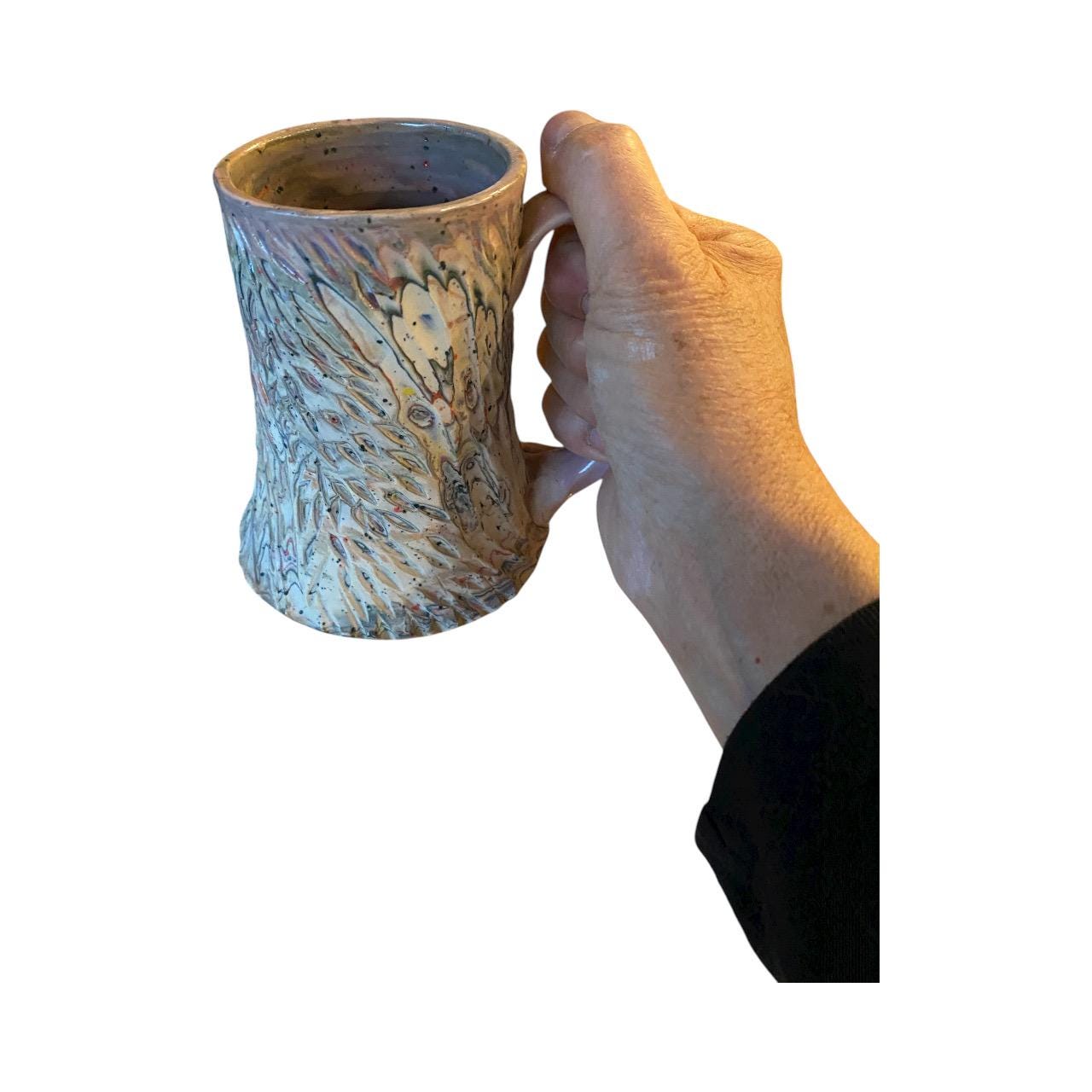Handcrafted Handcarved Porcelain Travel Mug: Fluted Pottery Coffee Cup with Lavendar Accents (C-17)