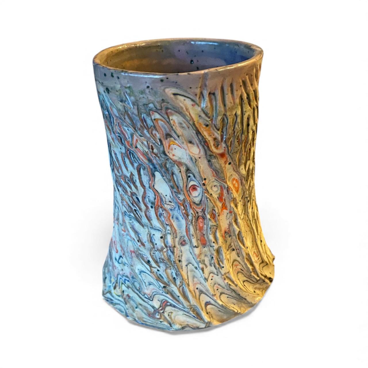 Handcrafted Handcarved Porcelain Travel Mug: Fluted Pottery Coffee Cup with Lavendar Accents (C17)