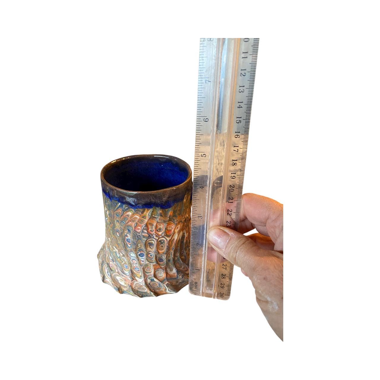 Handcrafted Agateware Stoneware Travel Mug: Fluted Pottery Coffee Cup with Blue Accents (C-19)