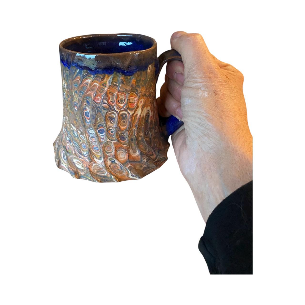 Handcrafted Agateware Stoneware Travel Mug: Fluted Pottery Coffee Cup with Blue Accents (C-19)