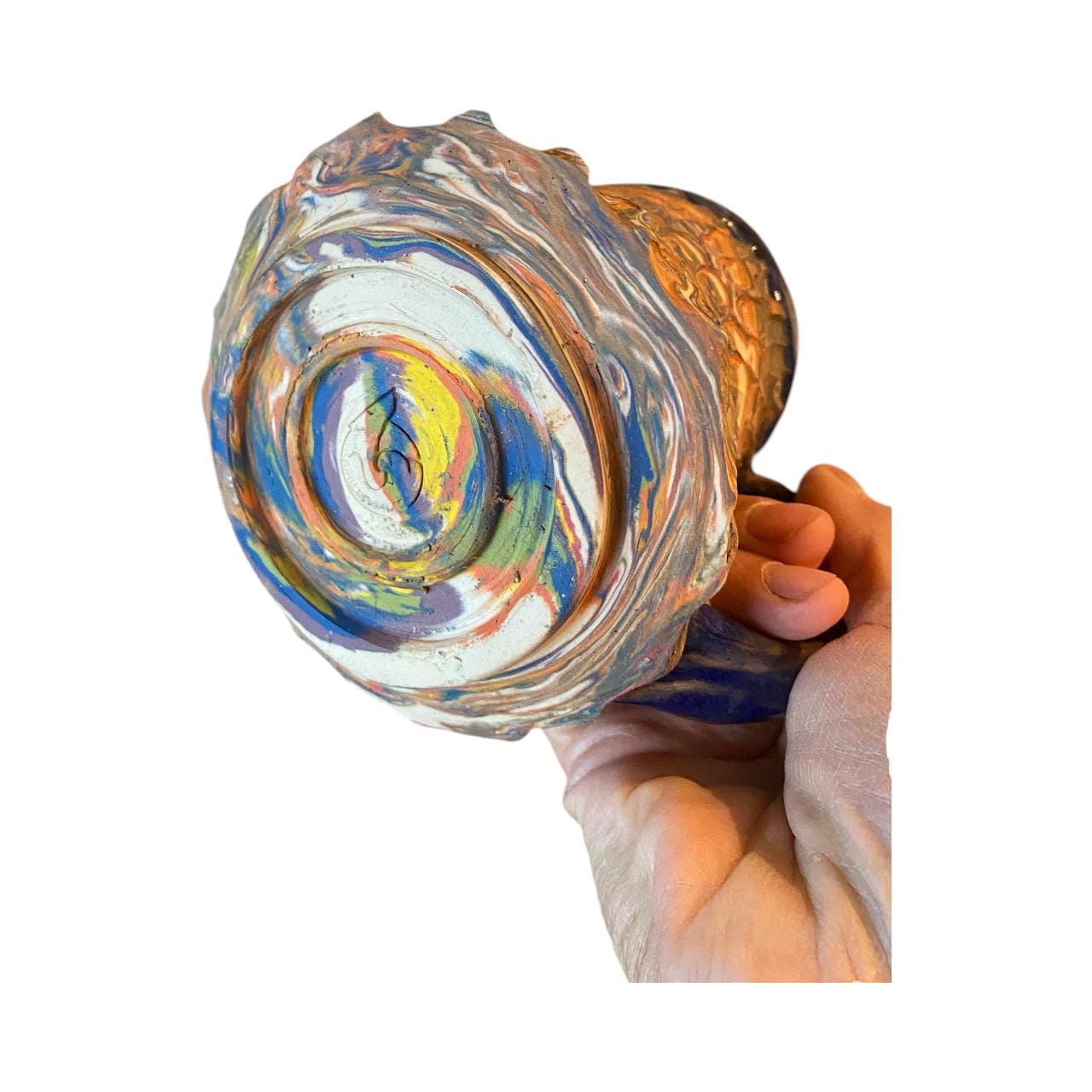 Handcrafted Agateware Stoneware Travel Mug: Fluted Pottery Coffee Cup with Blue Accents (C-19)