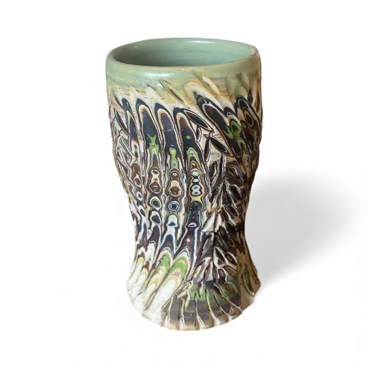 Artisanal Greens and Browns Neriage Porcelain Mug: Hand-Carved Pottery for Tea and Coffee (C21)