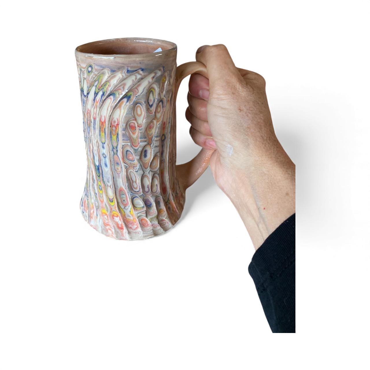 Artisanal Neriage Peach and Pastel Porcelain Marbled Mug: 16 Ounce Hand-Carved Mug (C22)