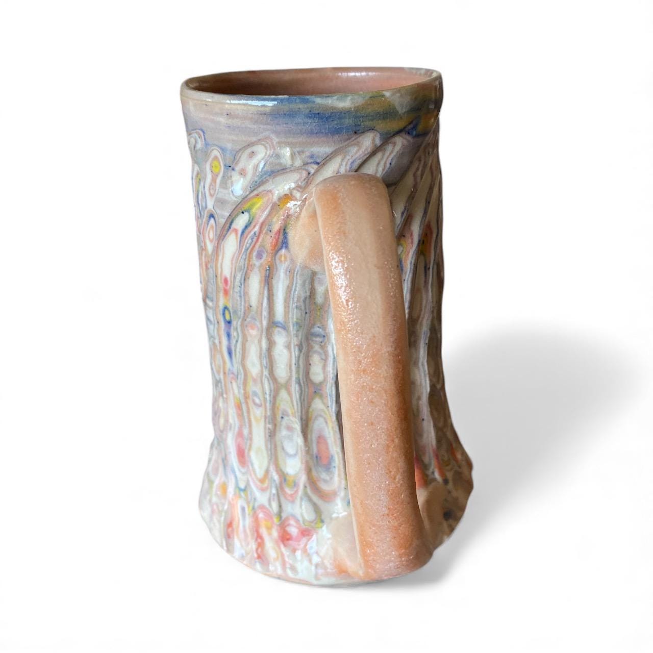 Artisanal Neriage Peach and Pastel Porcelain Marbled Mug: 16 Ounce Hand-Carved Mug (C22)