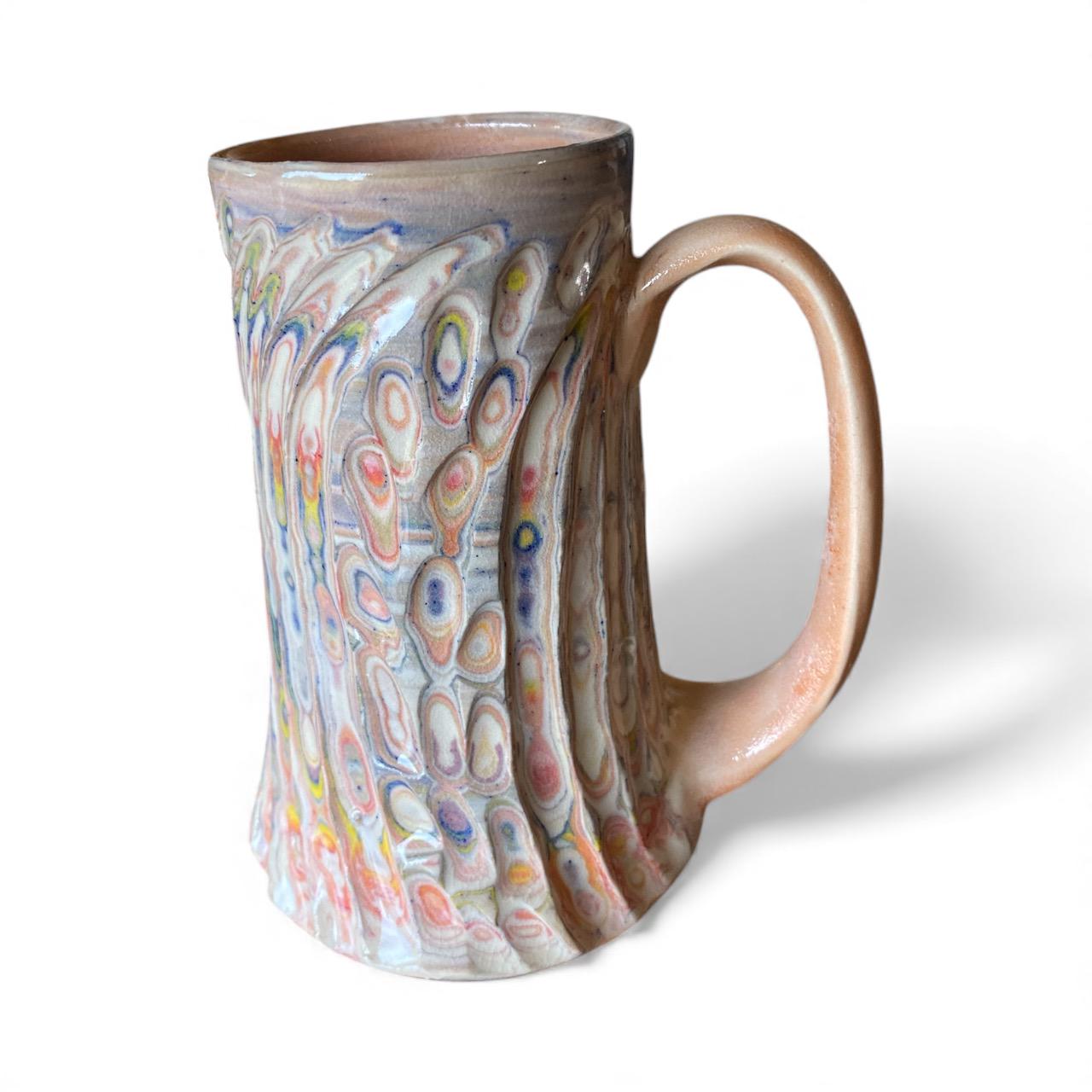 Artisanal Neriage Peach and Pastel Porcelain Marbled Mug: 16 Ounce Hand-Carved Mug (C-22)