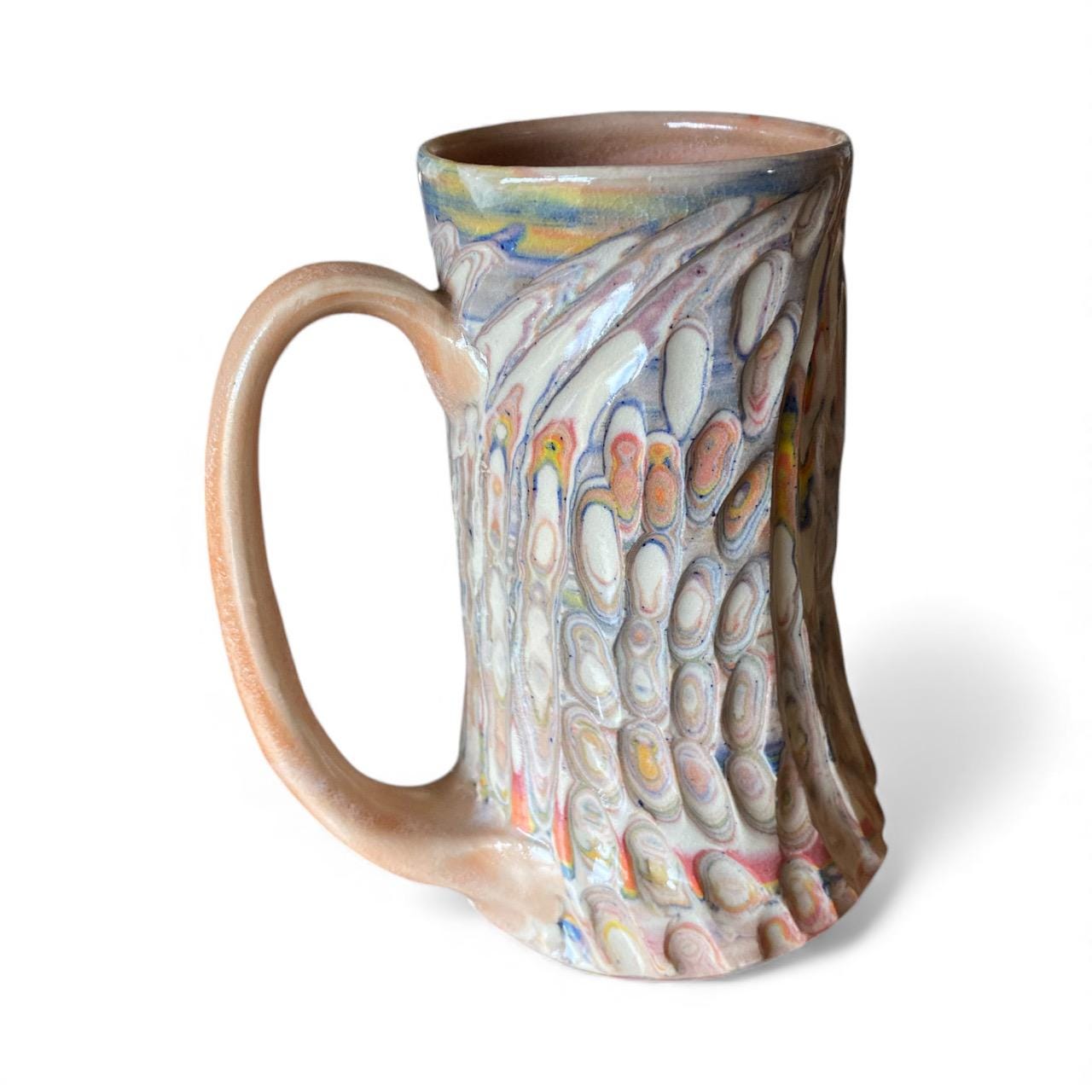 Artisanal Neriage Peach and Pastel Porcelain Marbled Mug: 16 Ounce Hand-Carved Mug (C22)