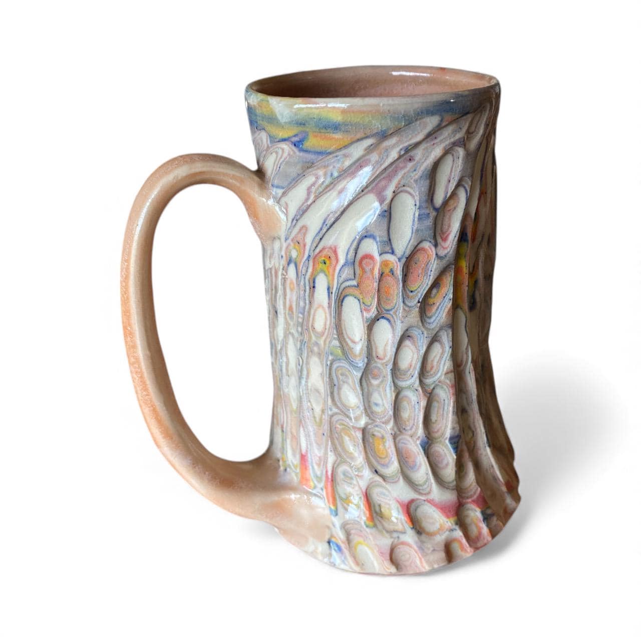 Artisanal Neriage Peach and Pastel Porcelain Marbled Mug: 16 Ounce Hand-Carved Mug (C-22)