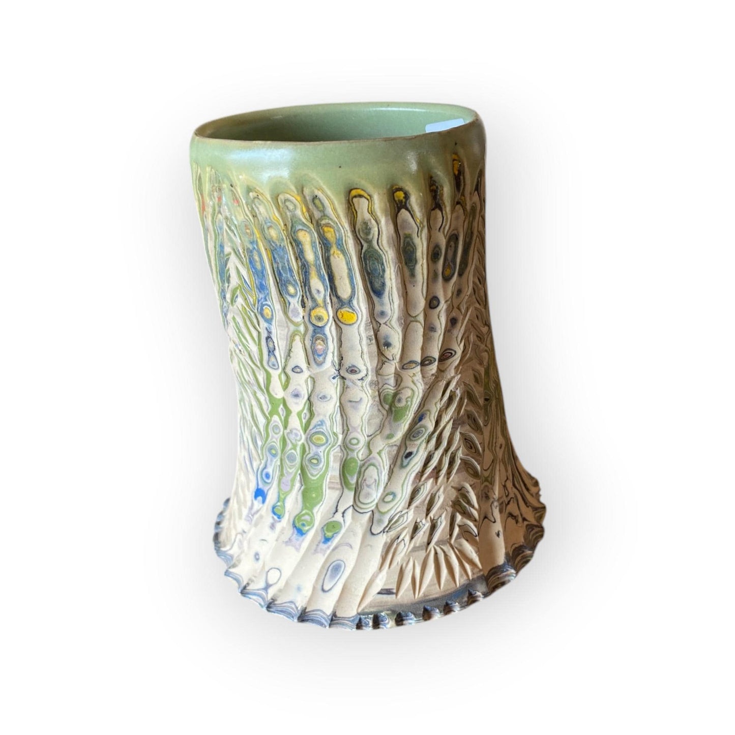 Artisanal Neriage Green and Pastel Porcelain Marbled Mug: 16 Ounce Hand-Carved Mug (C-25)