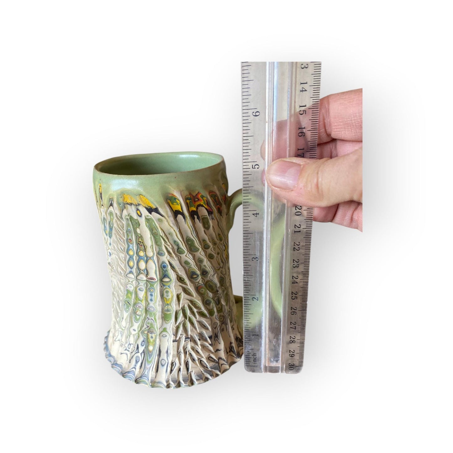 Artisanal Neriage Green and Pastel Porcelain Marbled Mug: 16 Ounce Hand-Carved Mug (C-25)