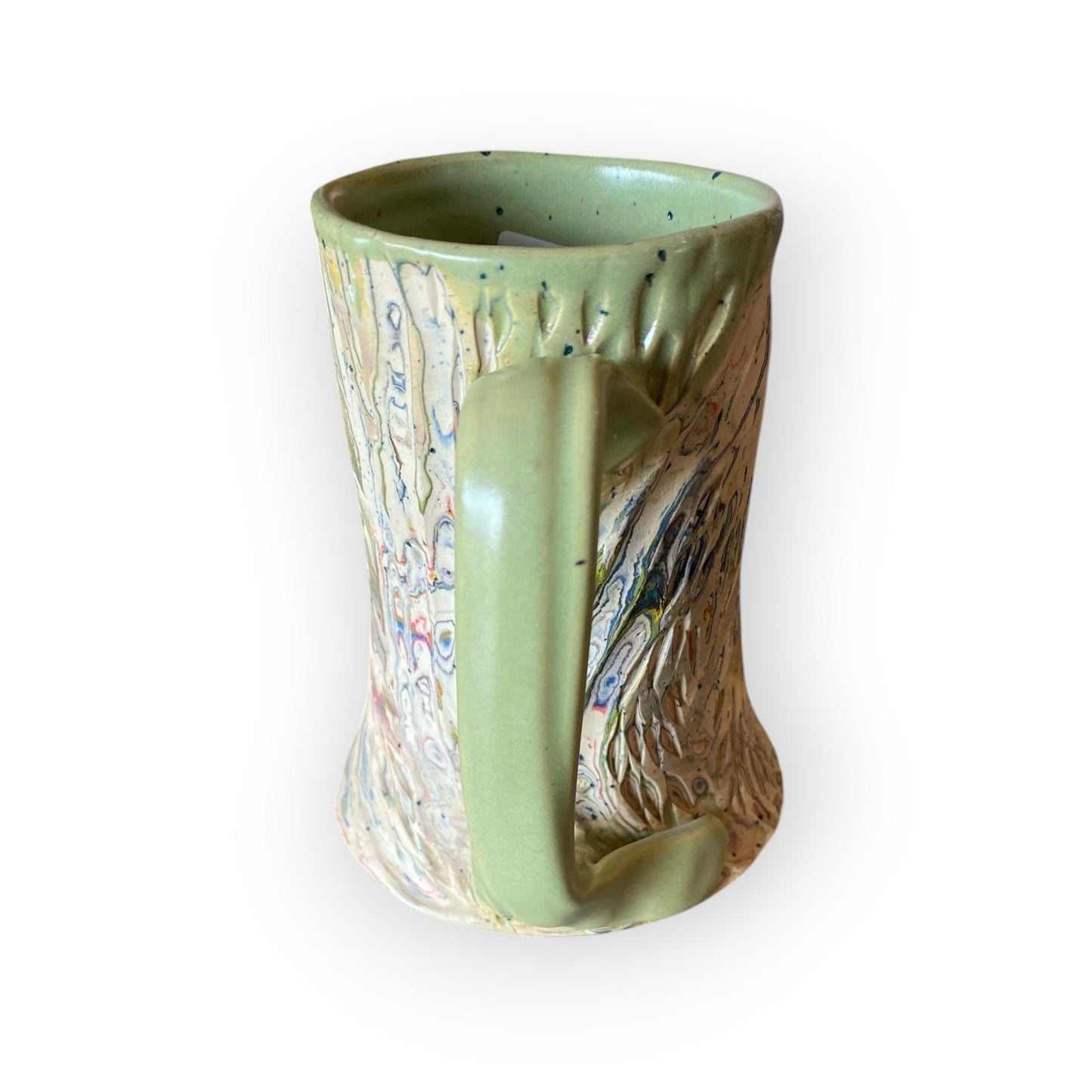 Handcrafted Handcarved Porcelain Travel Mug: Fluted Pottery Coffee Cup with Green Accents (C26)