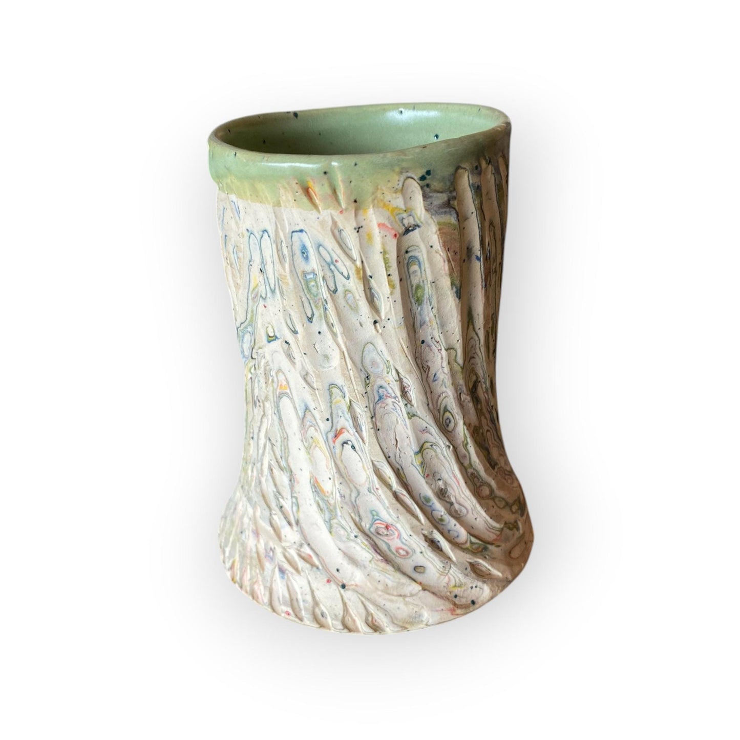Handcrafted Handcarved Porcelain Travel Mug: Fluted Pottery Coffee Cup with Green Accents (C-26)