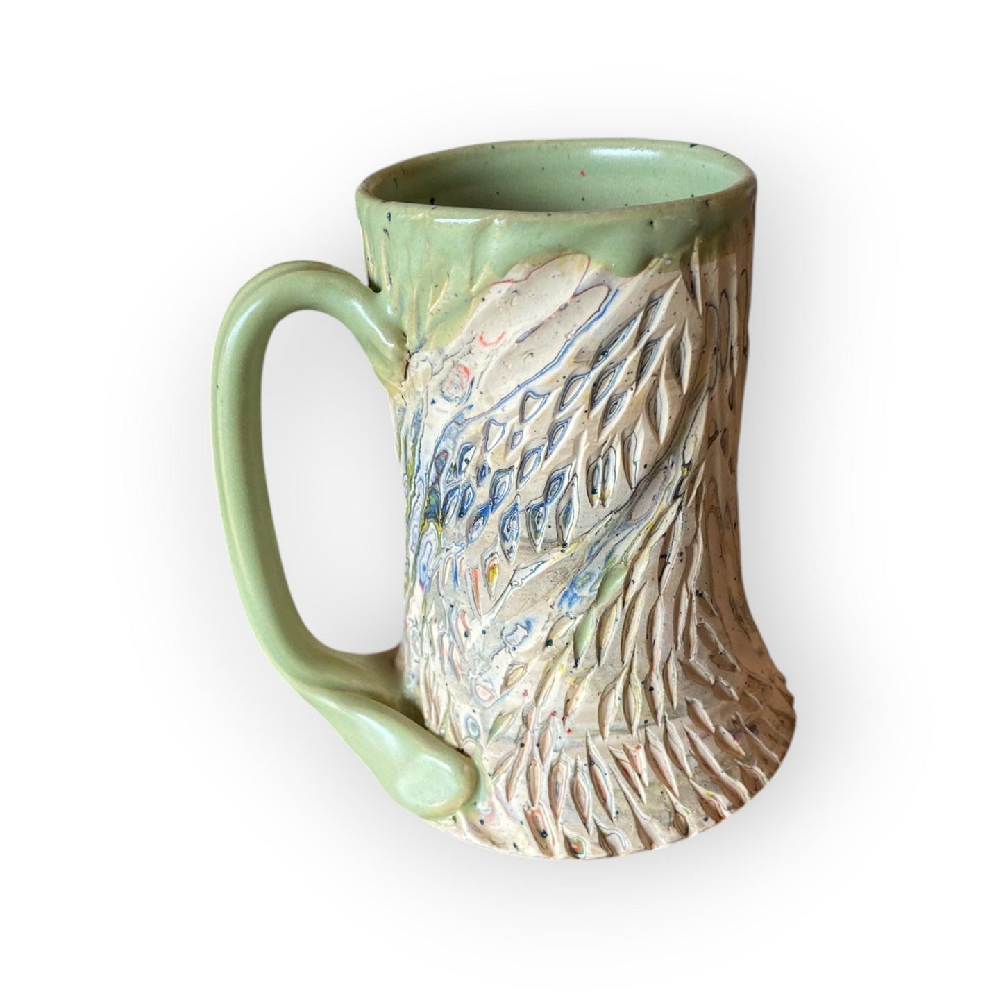 Handcrafted Handcarved Porcelain Travel Mug: Fluted Pottery Coffee Cup with Green Accents (C-26)