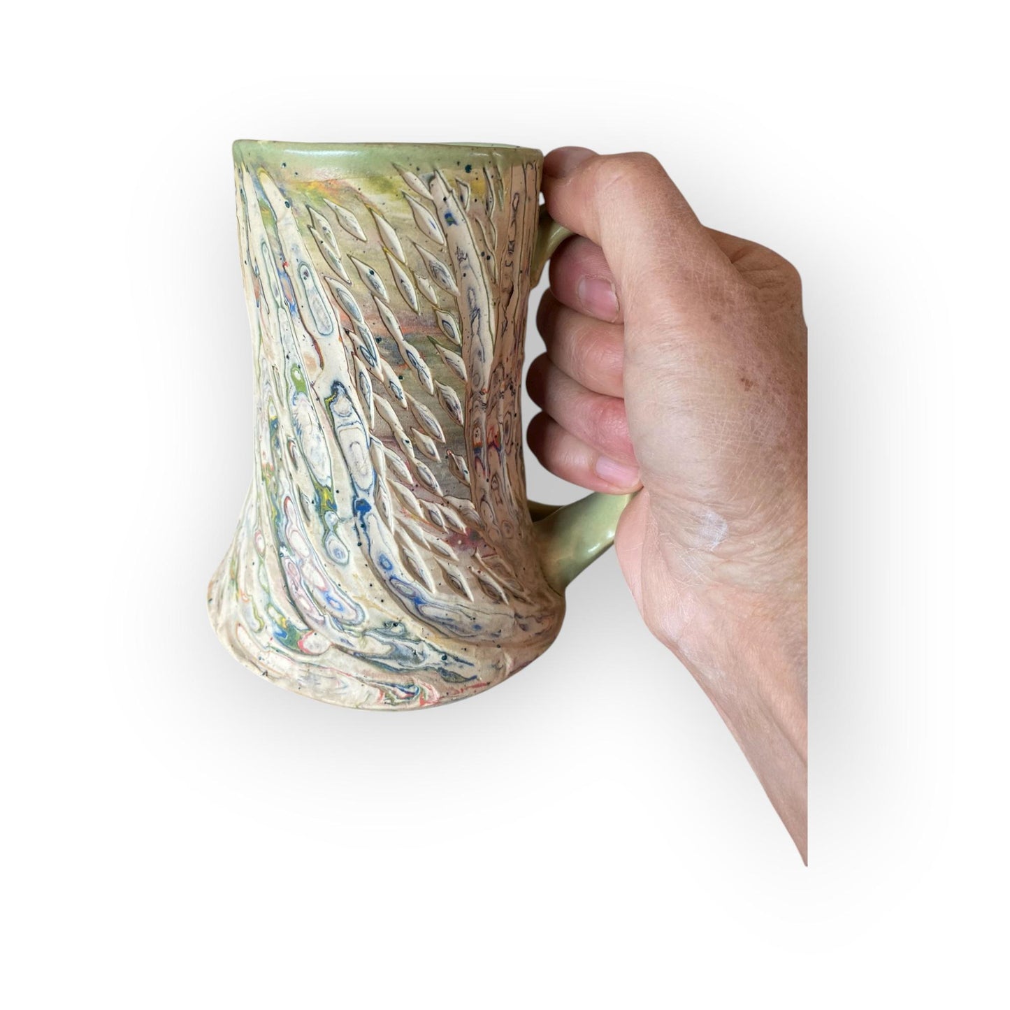 Handcrafted Handcarved Porcelain Travel Mug: Fluted Pottery Coffee Cup with Green Accents (C26)