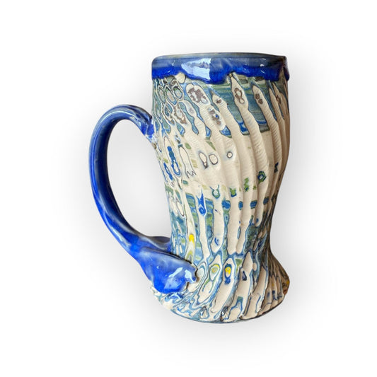 Artisanal Blues Marbled 18-Ounce Porcelain Mug: Hand-Carved Pottery for Tea and Coffee (C27)