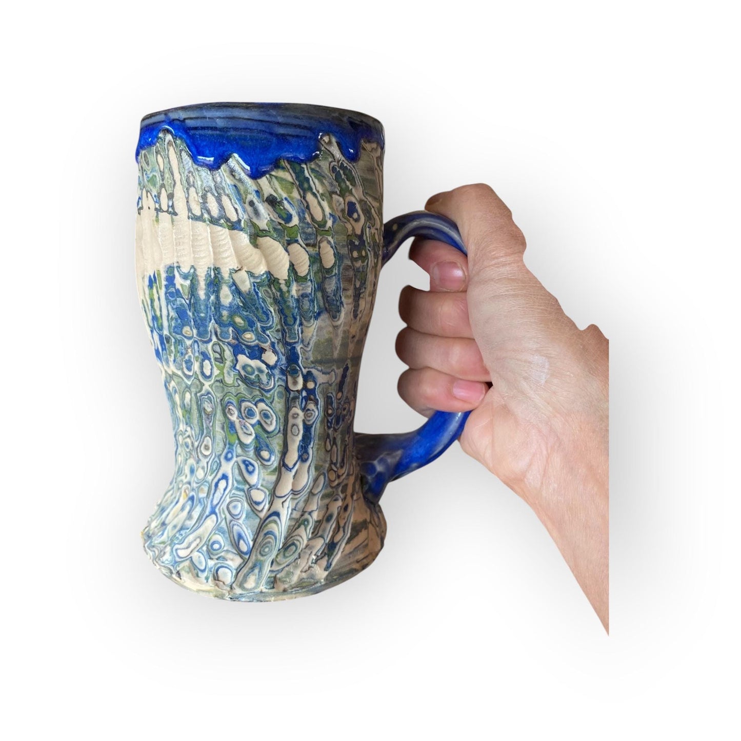 Artisanal Blues Marbled 18-Ounce Porcelain Mug: Hand-Carved Pottery for Tea and Coffee (C27)