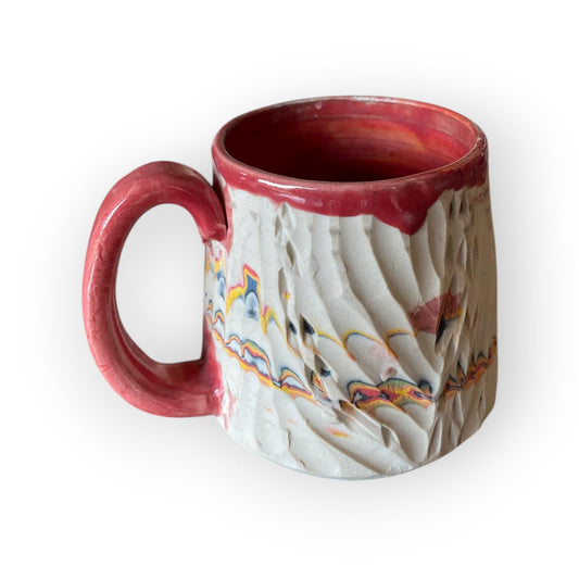 Handcrafted Agateware 8-Ounce Porcelain Mug: Fluted Pottery Coffee Cup with Red Accents (C-28)