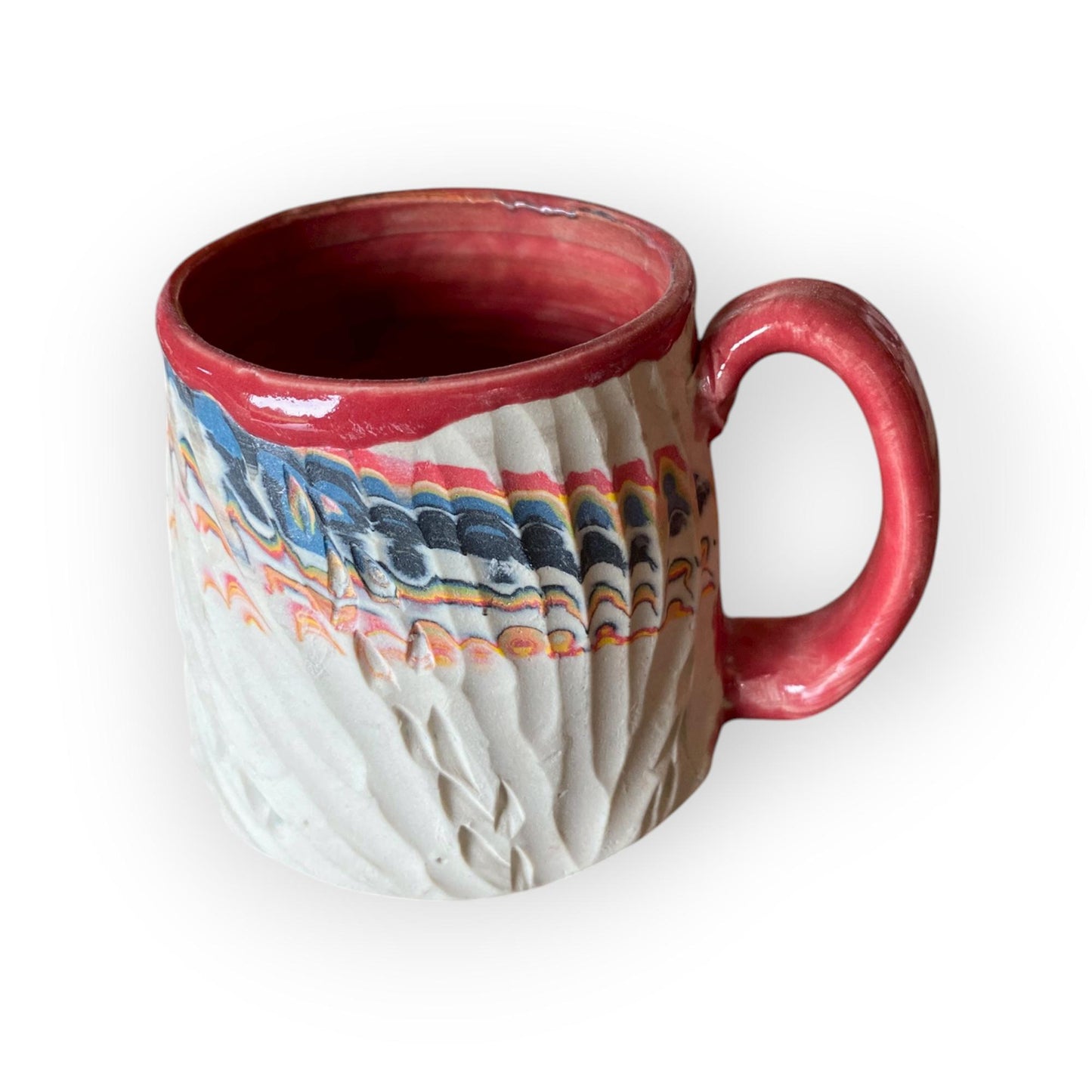 Handcrafted Agateware 8-Ounce Porcelain Mug: Fluted Pottery Coffee Cup with Red Accents (C-28)