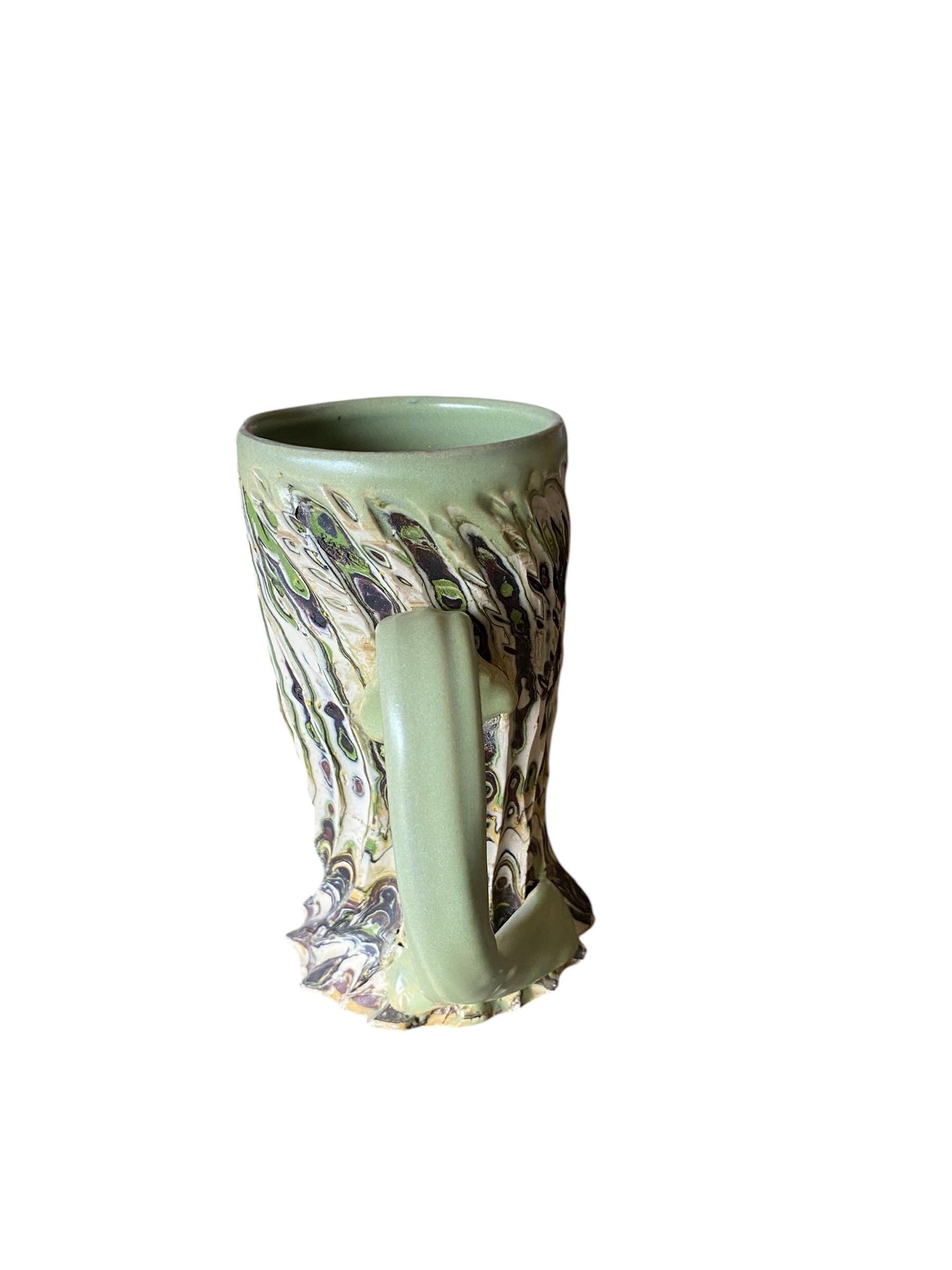 Artisanal Greens and Browns Neriage Porcelain Mug: Hand-Carved Pottery for Tea and Coffee (C-36)