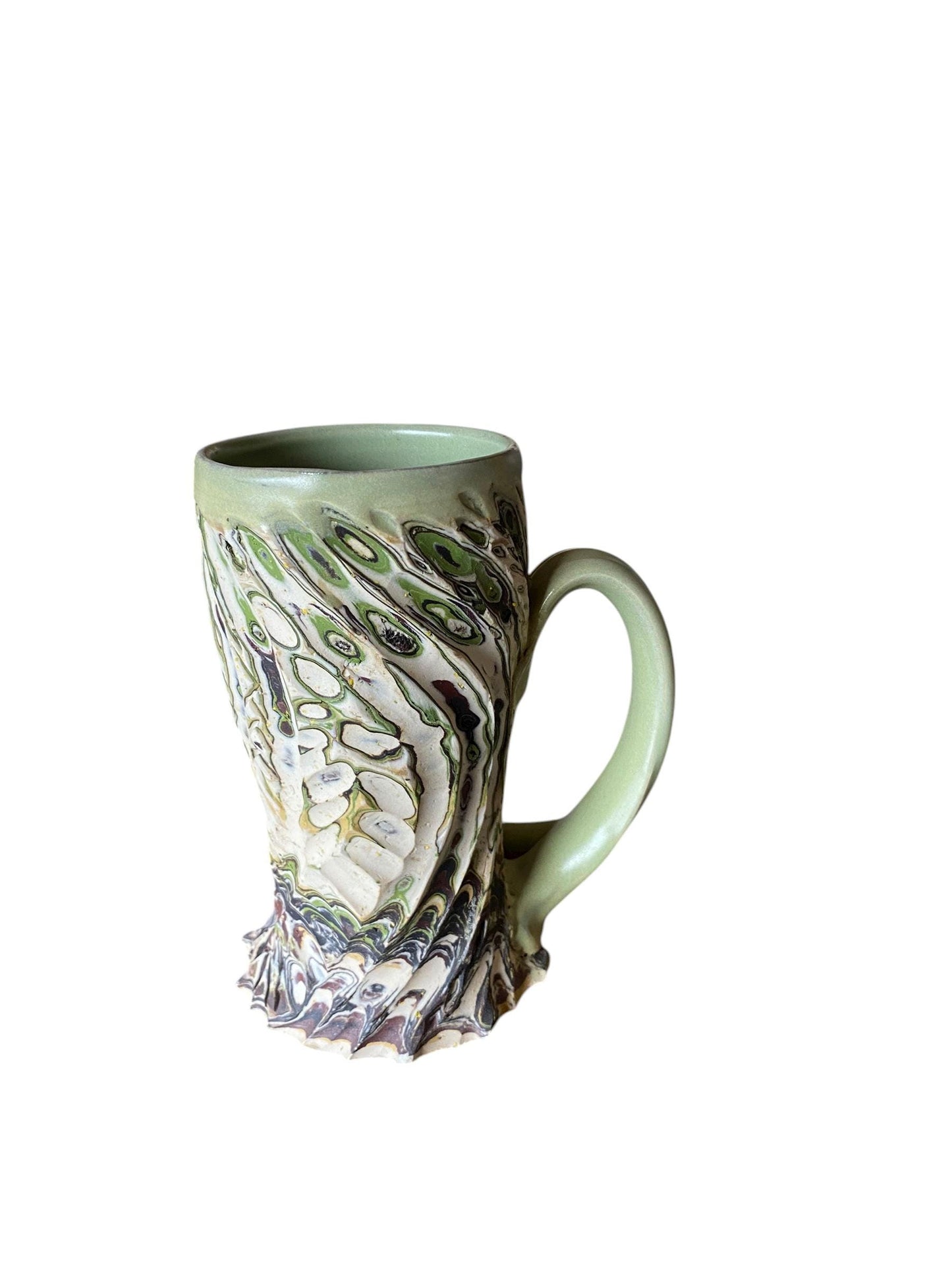 Artisanal Greens and Browns Neriage Porcelain Mug: Hand-Carved Pottery for Tea and Coffee (C36)