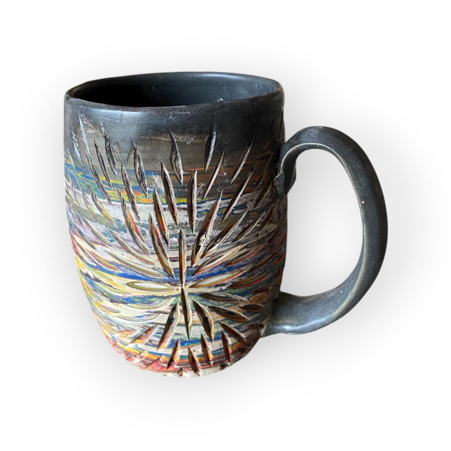 Handcrafted 16oz Turquoise Agateware Mug - Unique Carved Pottery for Coffee & Tea Lovers (C-38)