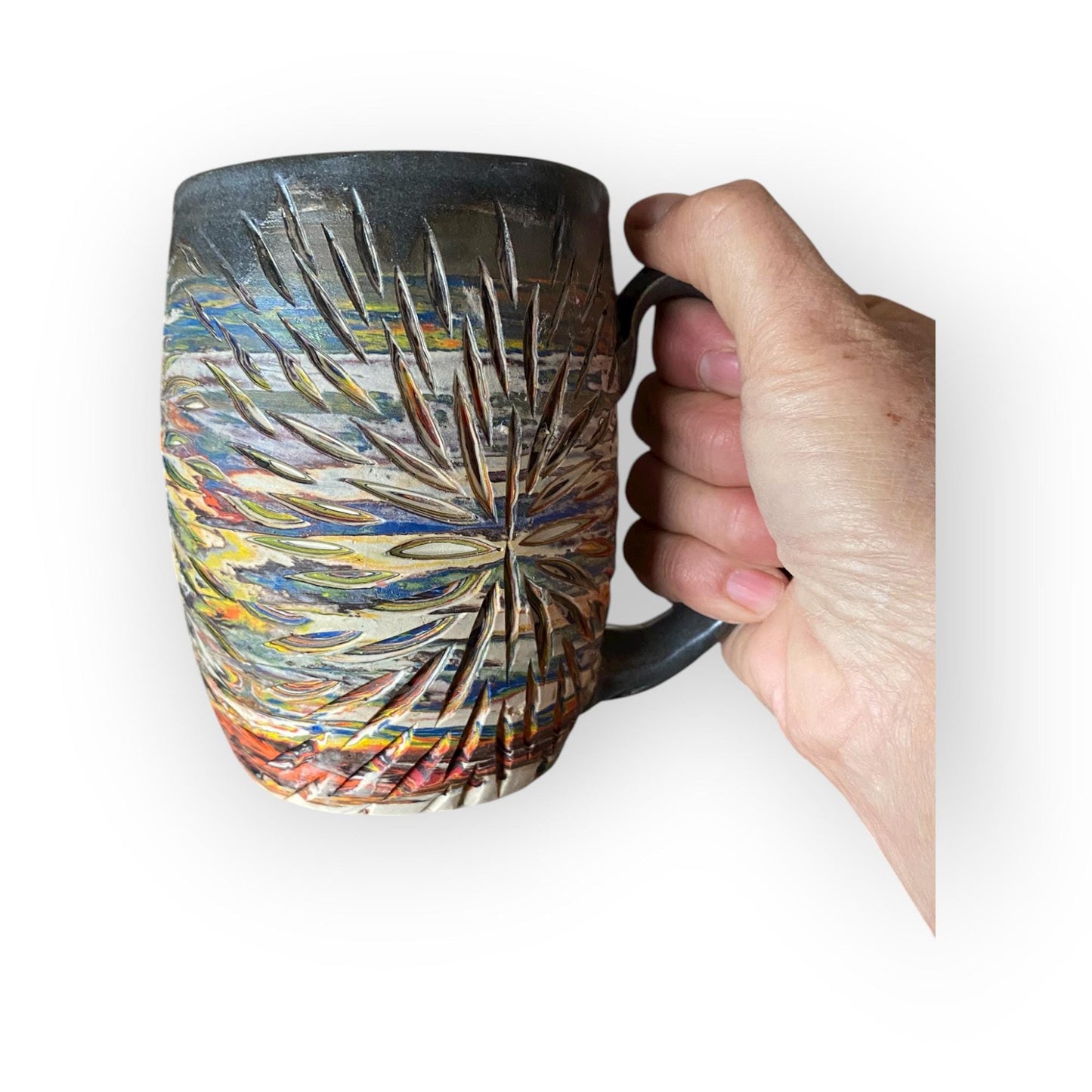 Handcrafted 16oz Turquoise Agateware Mug - Unique Carved Pottery for Coffee & Tea Lovers (C-38)