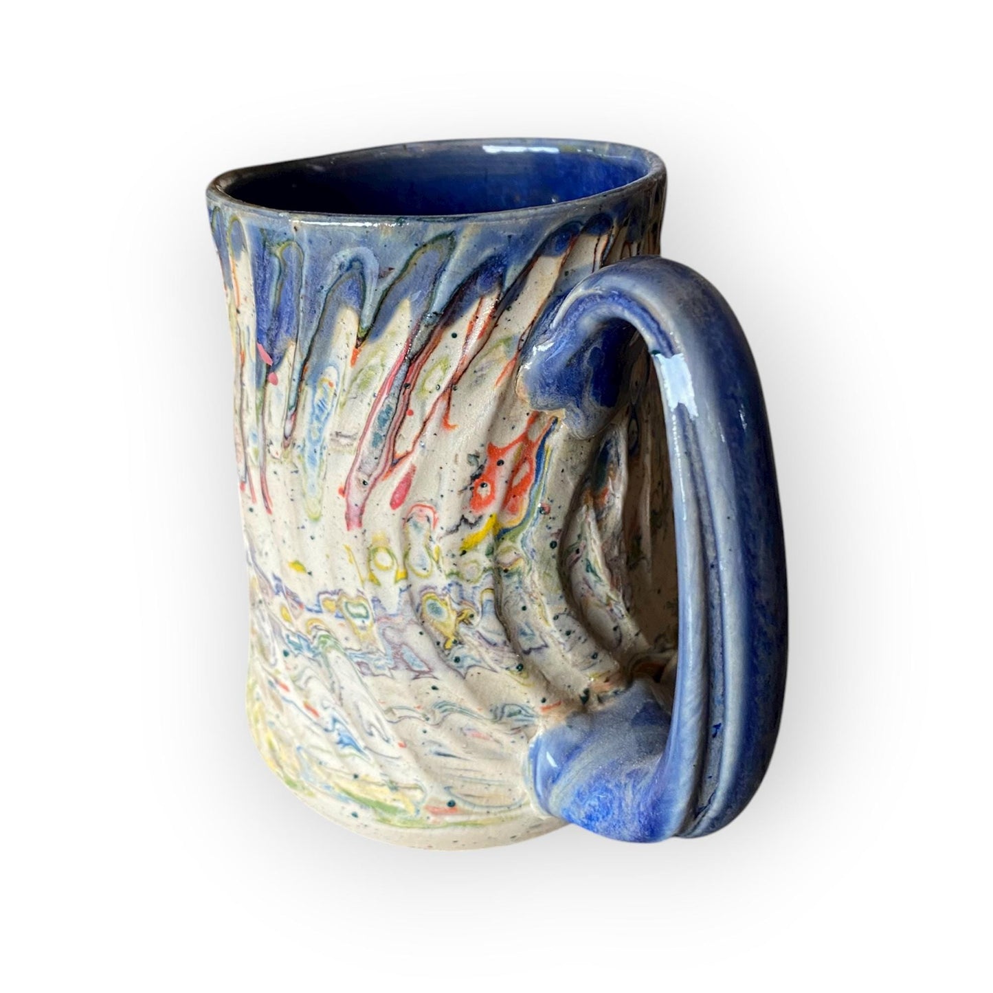 Handcrafted Handcarved Porcelain Travel Mug: Fluted Pottery Coffee Cup with Blue Accents (C-39)
