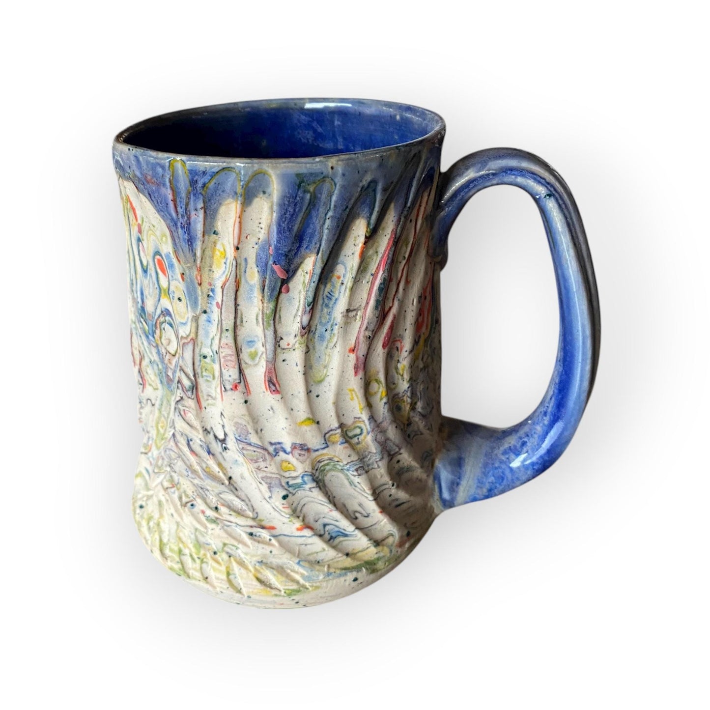 Handcrafted Handcarved Porcelain Travel Mug: Fluted Pottery Coffee Cup with Blue Accents (C39)