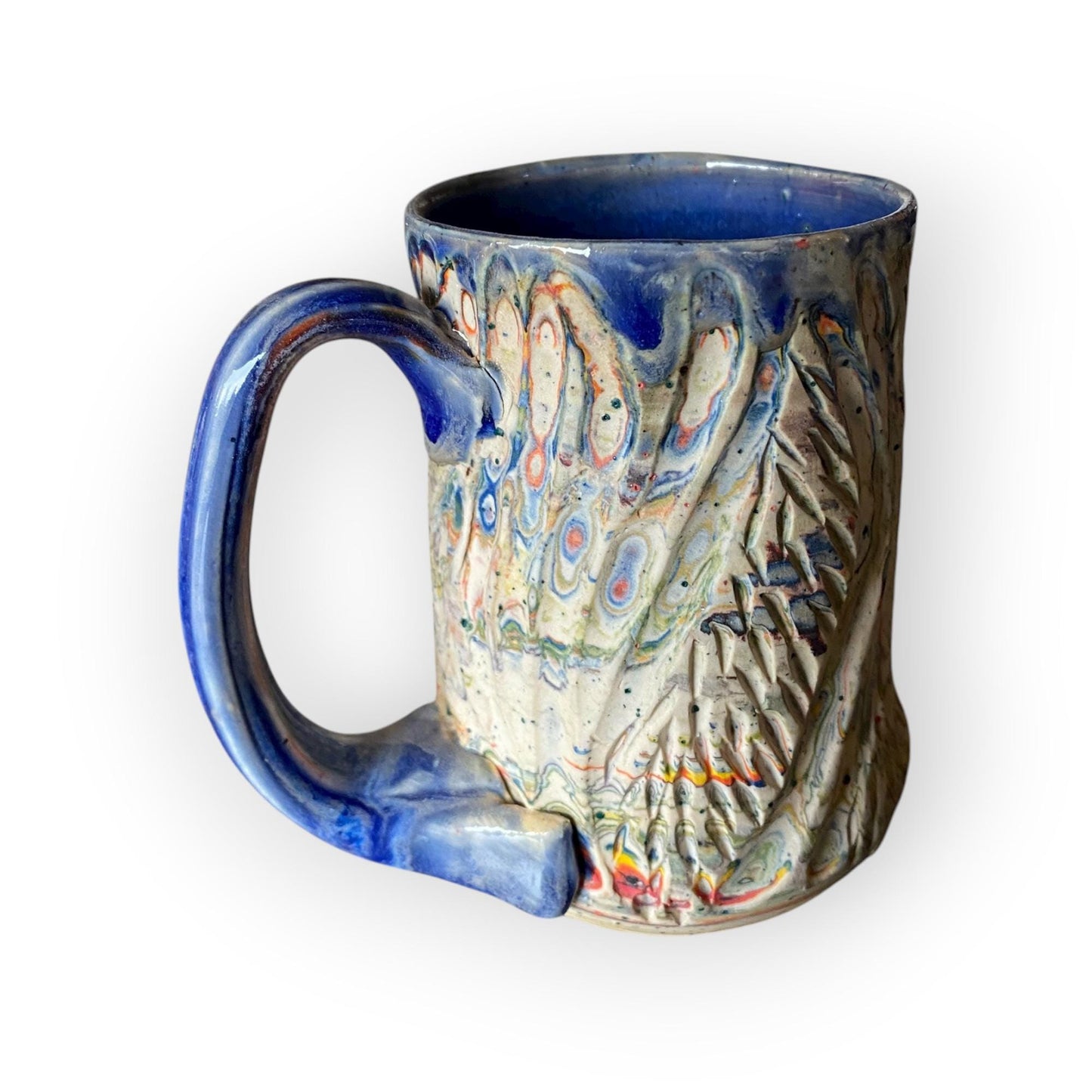 Handcrafted Handcarved Porcelain Travel Mug: Fluted Pottery Coffee Cup with Blue Accents (C39)