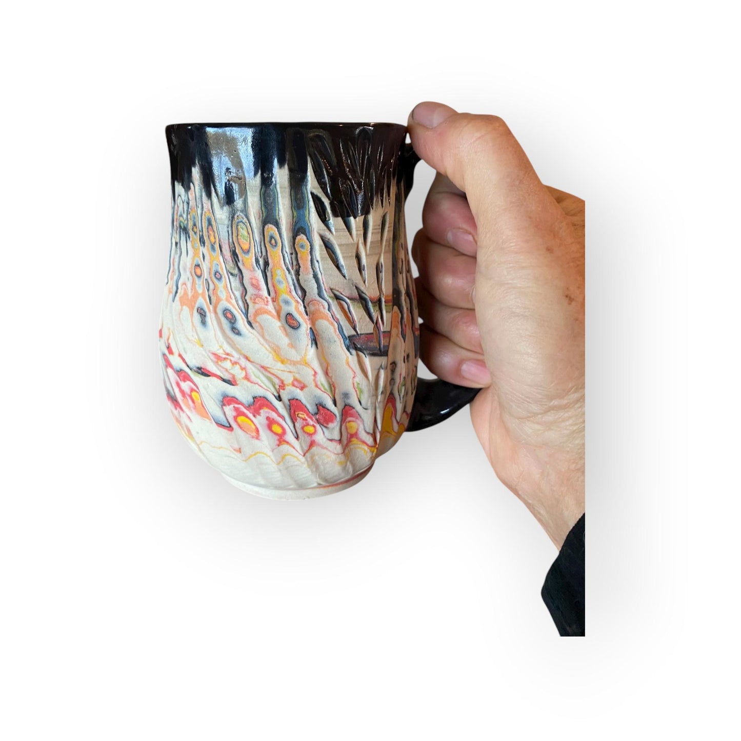 Handcrafted Handcarved 16 Ounce Porcelain Travel Mug: Pottery Coffee Cup with Black Accents (C40)