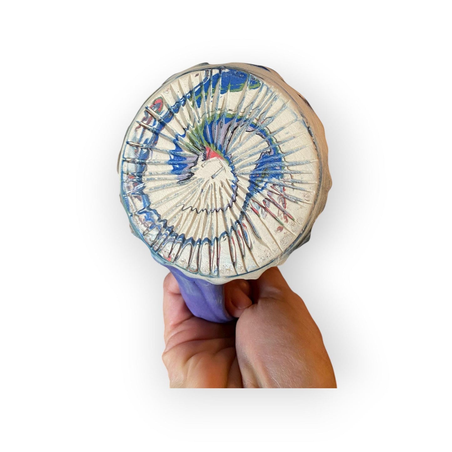 Handcrafted Handcarved 10 Ounce Porcelain Travel Mug: Pottery Coffee Cup with Purple Accents (C41)