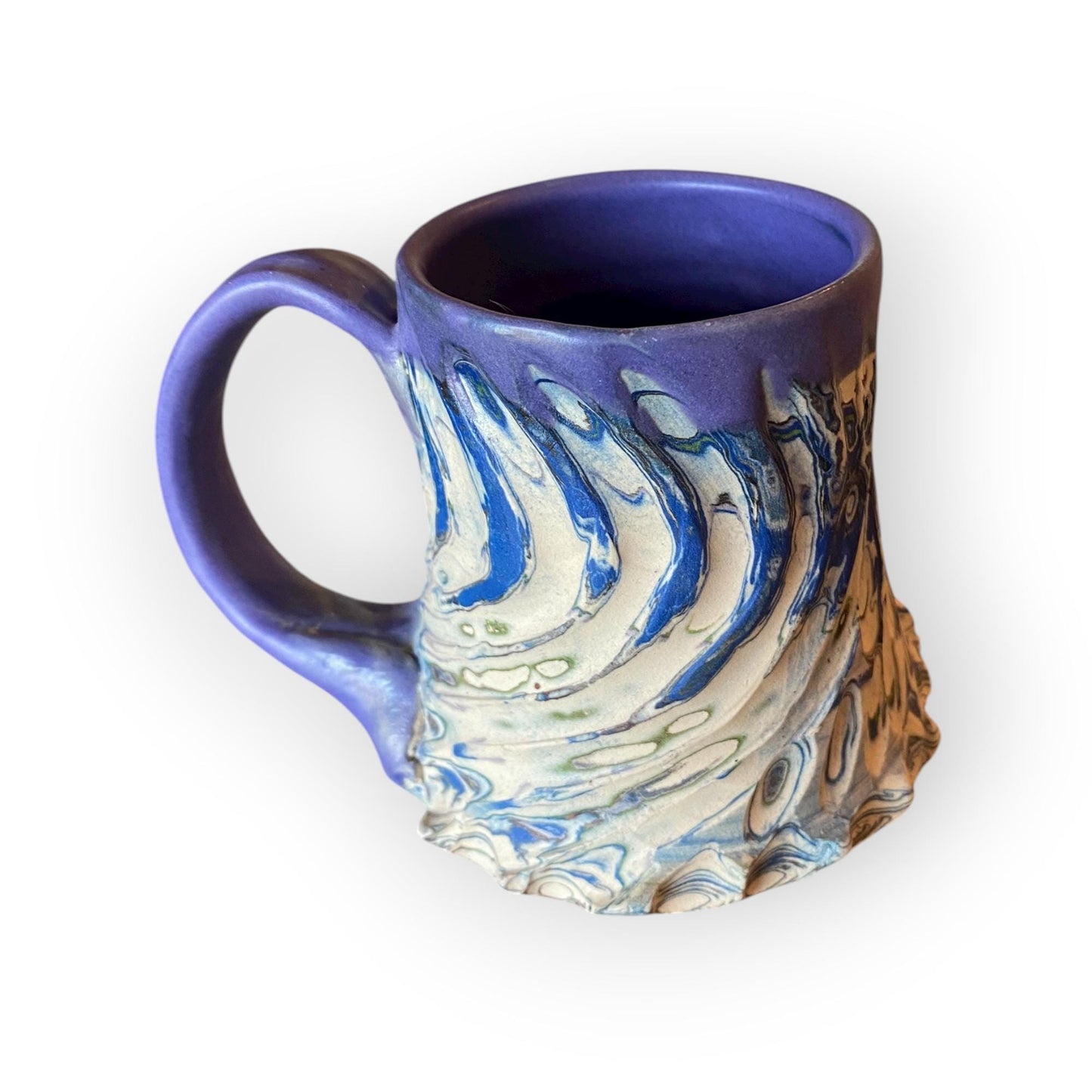 Handcrafted Handcarved 10 Ounce Porcelain Travel Mug: Pottery Coffee Cup with Purple Accents (C41)