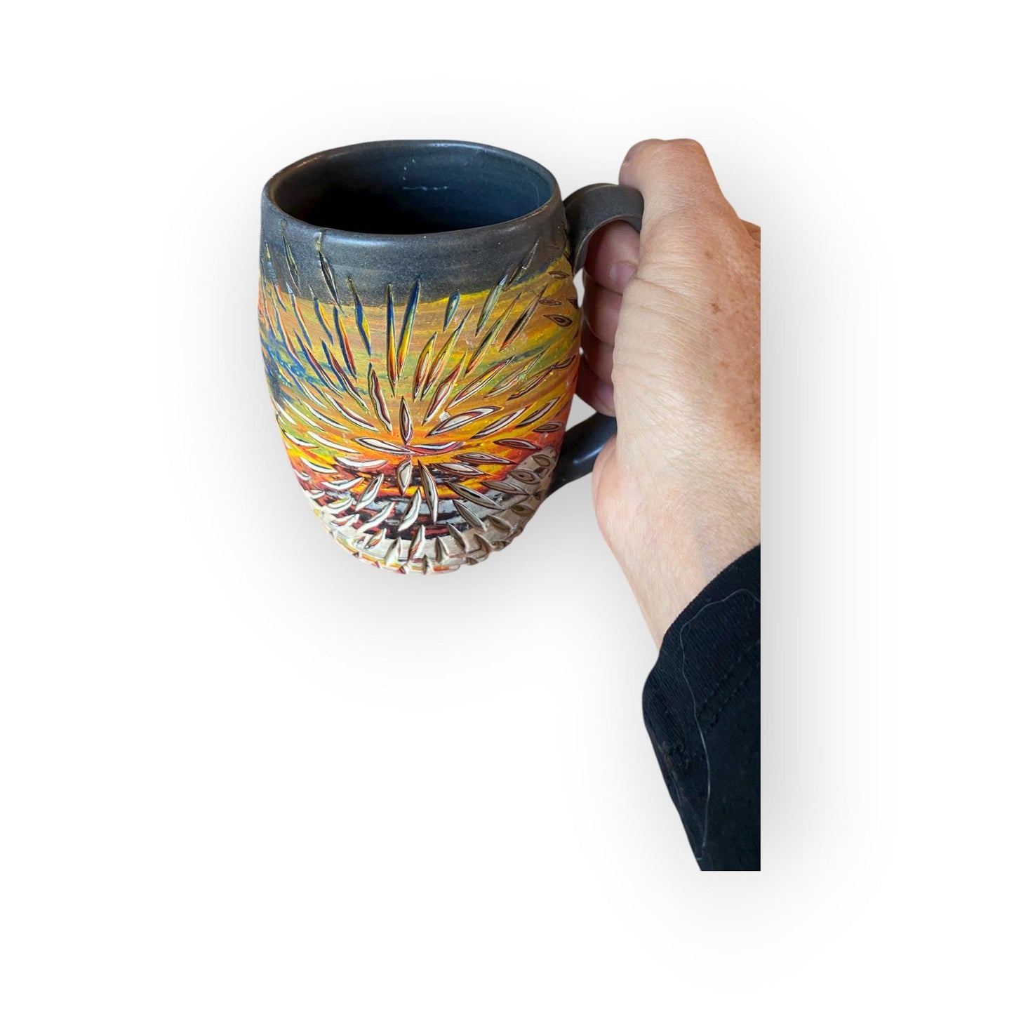 Handcrafted 16oz Turquoise Agateware Mug - Unique Carved Pottery for Coffee & Tea Lovers (C-52)
