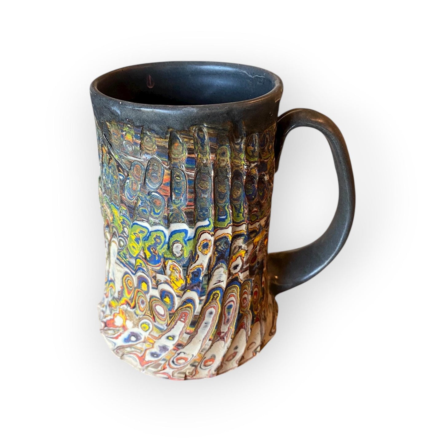 Handcrafted Handcarved Porcelain Travel Mug: Fluted Pottery Coffee Cup with Gray Accents (C53)