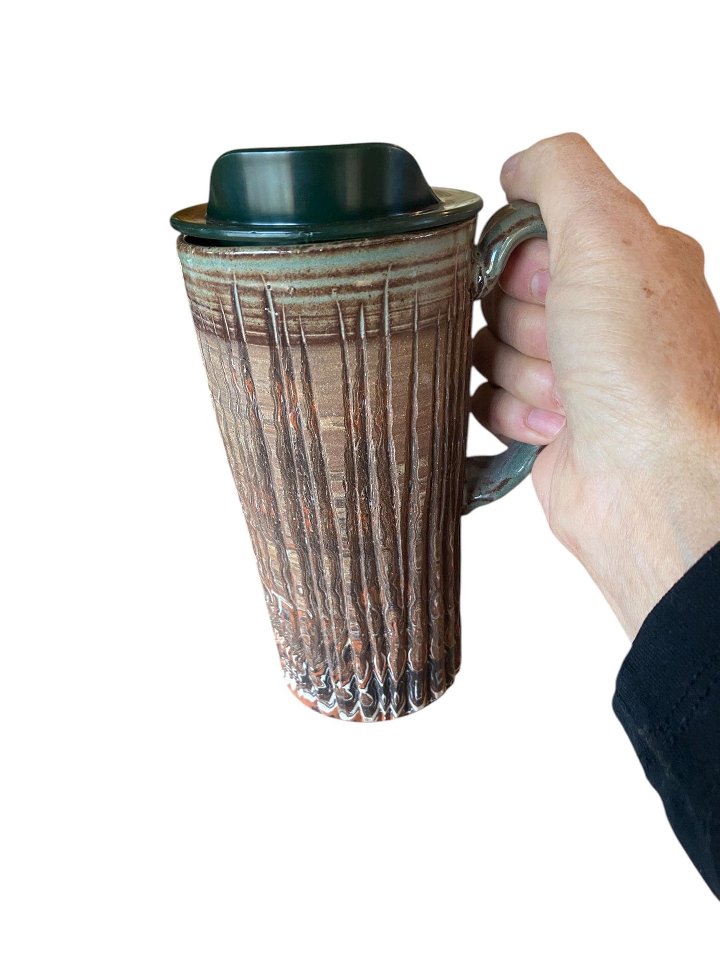 Handcrafted 16oz Agateware Stoneware Travel Mug: Chrome Glaze Pottery for Coffee & Tea Enthusiasts (B-7)