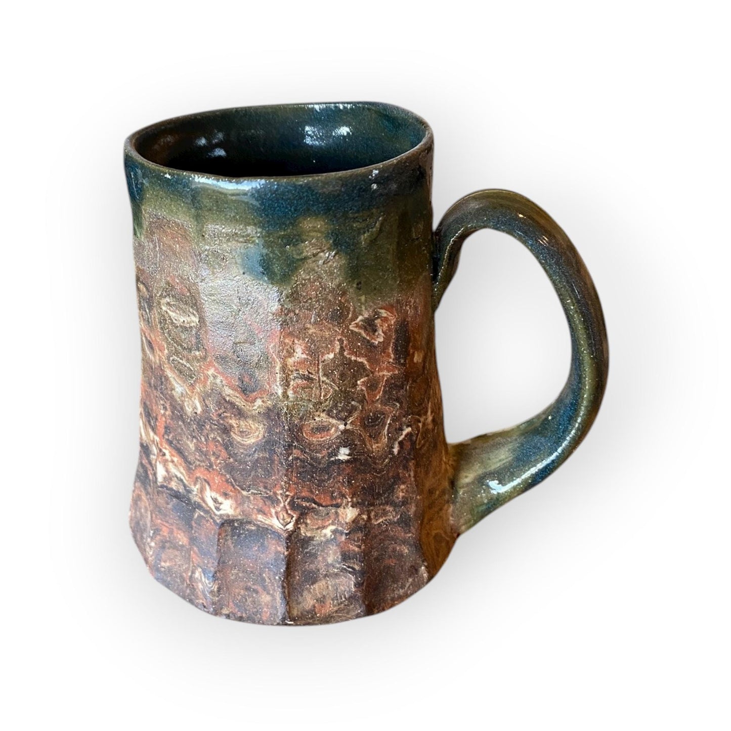 Fluted Stoneware Mug – Marbled Colored Clays with Japanese Neriage, Hand-Carved, Satin-Smooth Unglazed Pottery (B-12)