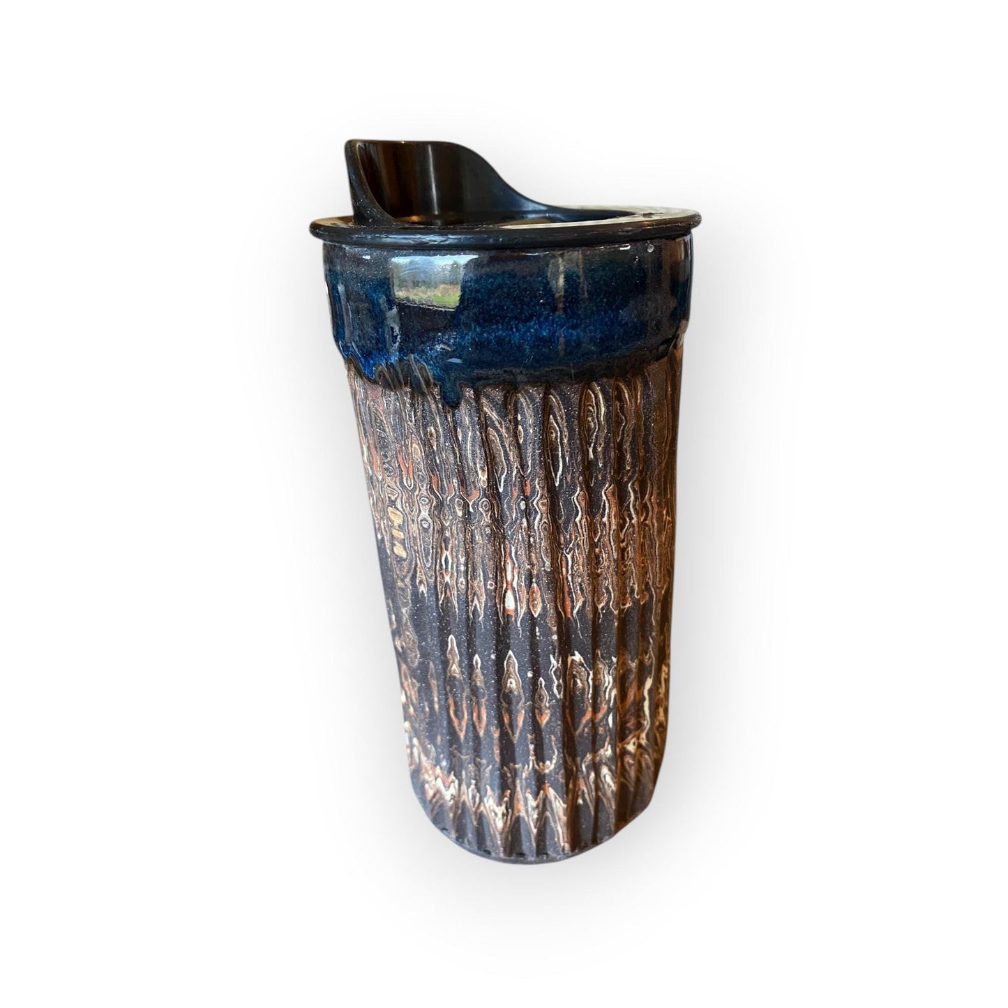 Handmade Wheel Thrown Agateware Travel Mug - Stoneware Coffee Tumbler with Secure Locking Lid (