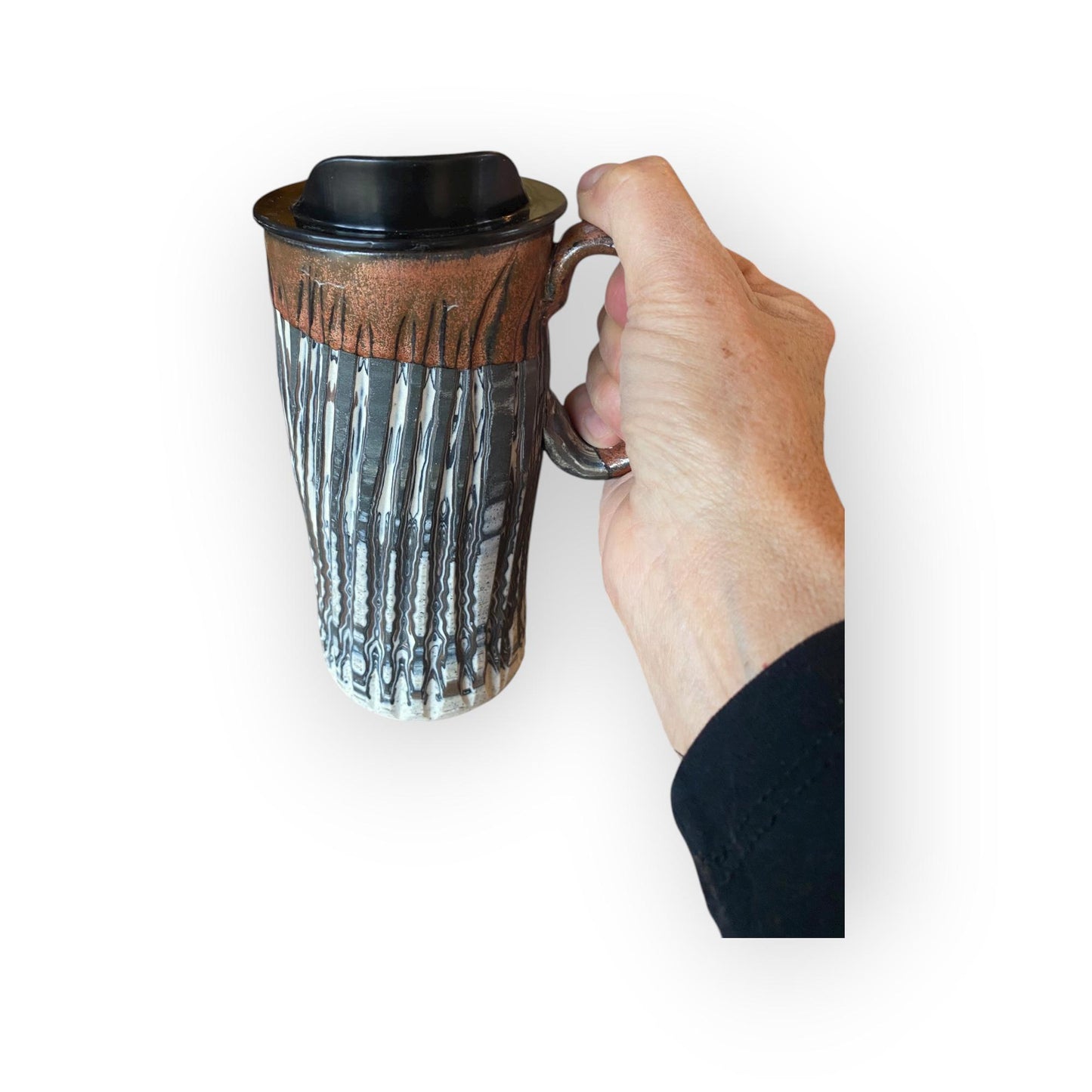 Handcrafted 16oz Agateware Stoneware Travel Mug: Chrome Glaze Pottery for Coffee & Tea Enthusiasts (B-13)