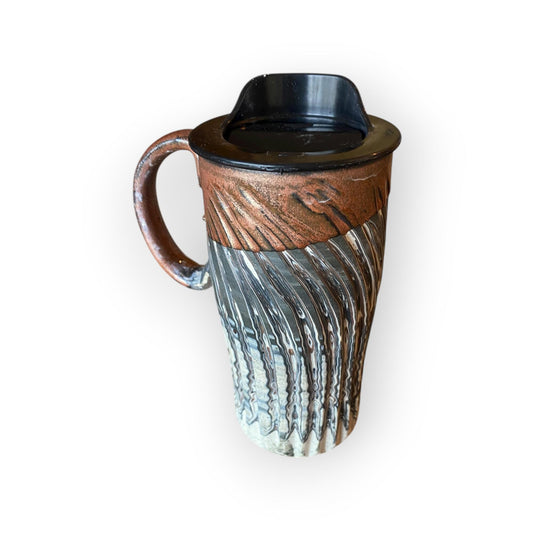 Handcrafted 16oz Agateware Stoneware Travel Mug: Chrome Glaze Pottery for Coffee & Tea Enthusiasts (B-13)