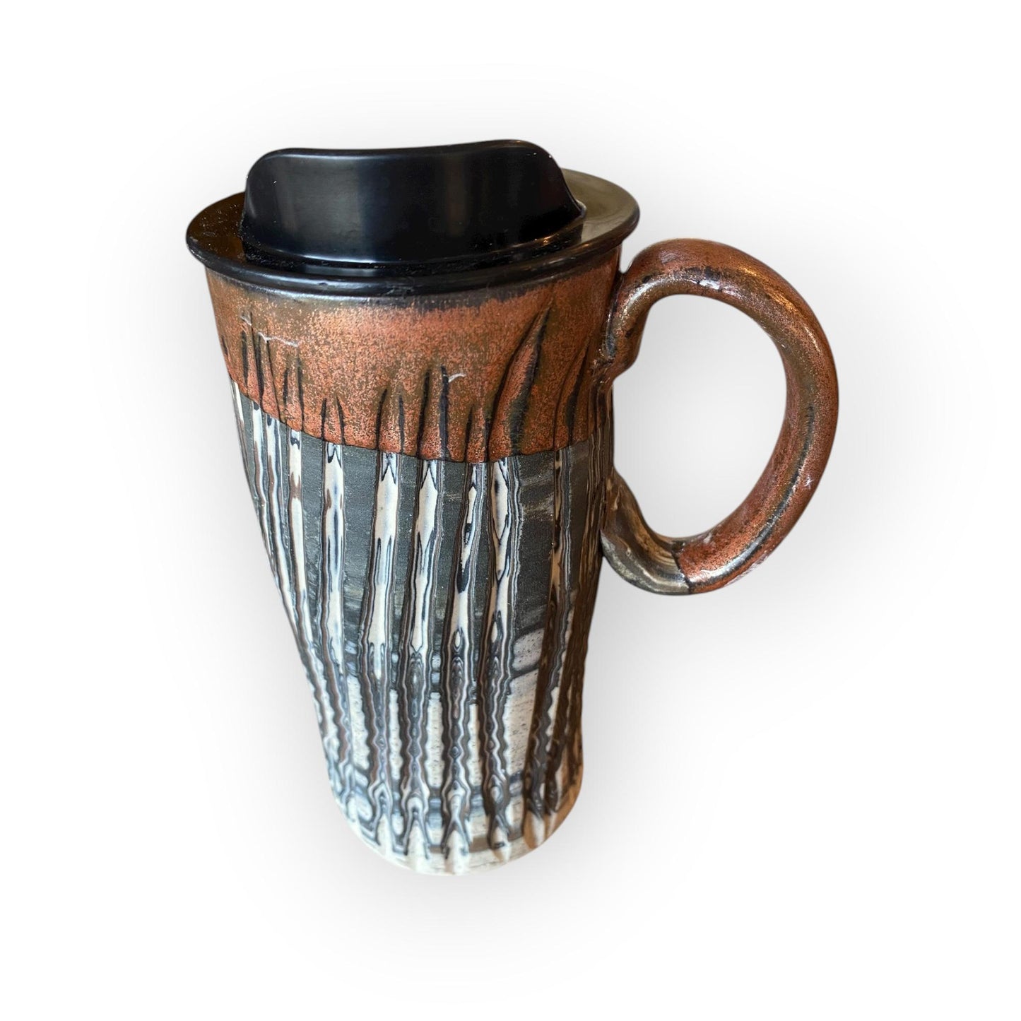 Handcrafted 16oz Agateware Stoneware Travel Mug: Chrome Glaze Pottery for Coffee & Tea Enthusiasts (B-13)
