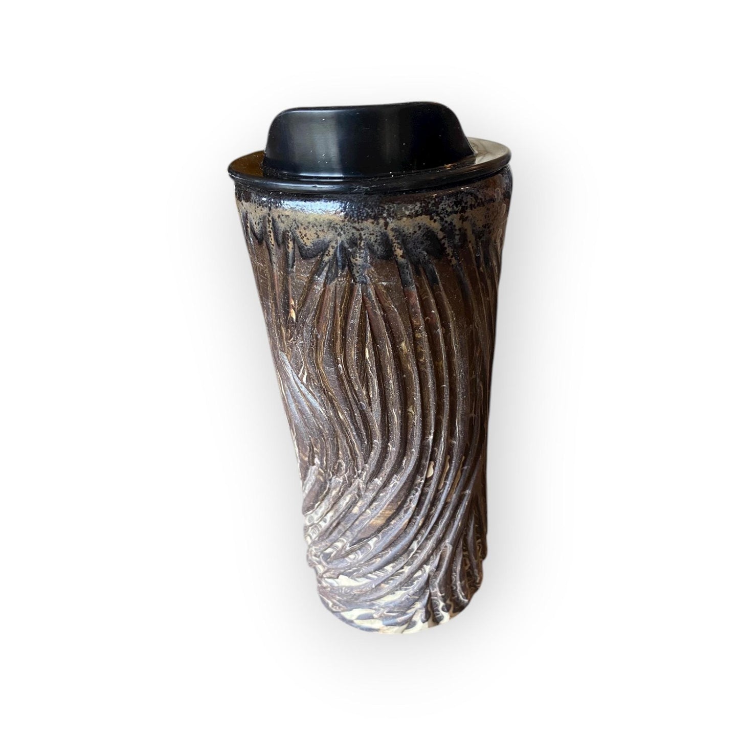 Handmade 16 Ounce Agateware Travel Mug - Carved Pottery Mug, Thrown Stoneware Commuter Tumbler (B-16)