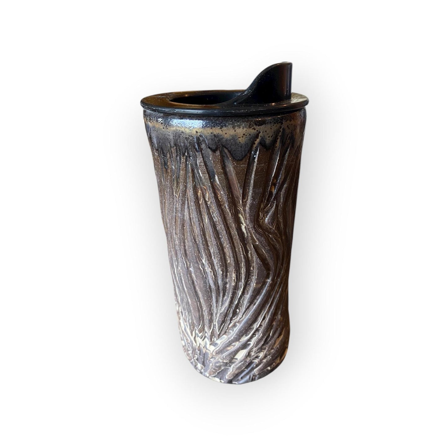 Handmade 16 Ounce Agateware Travel Mug - Carved Pottery Mug, Thrown Stoneware Commuter Tumbler (B-16)