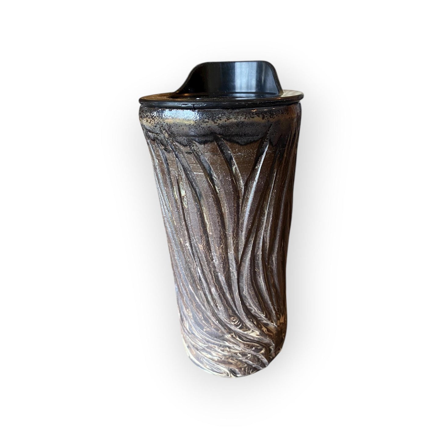 Handmade 16 Ounce Agateware Travel Mug - Carved Pottery Mug, Thrown Stoneware Commuter Tumbler (B-16)