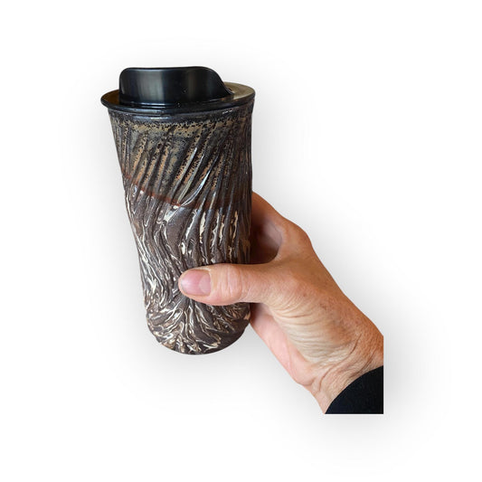 Handmade Agateware Travel Mug - Carved Pottery Coffee Cup, Hand Thrown Stoneware Commuter Tumbler (B-17)