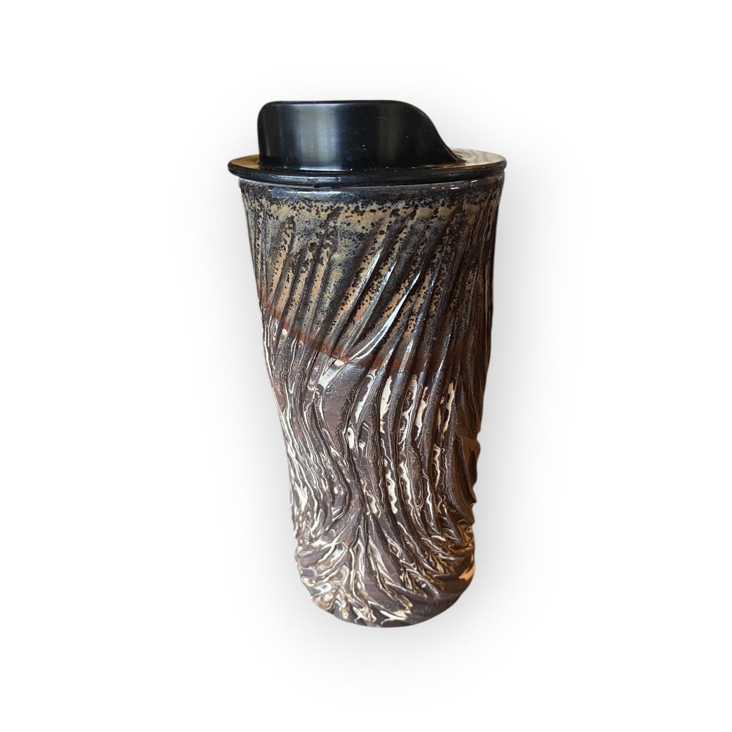 Handmade Agateware Travel Mug - Carved Pottery Coffee Cup, Hand Thrown Stoneware Commuter Tumbler (B-17)