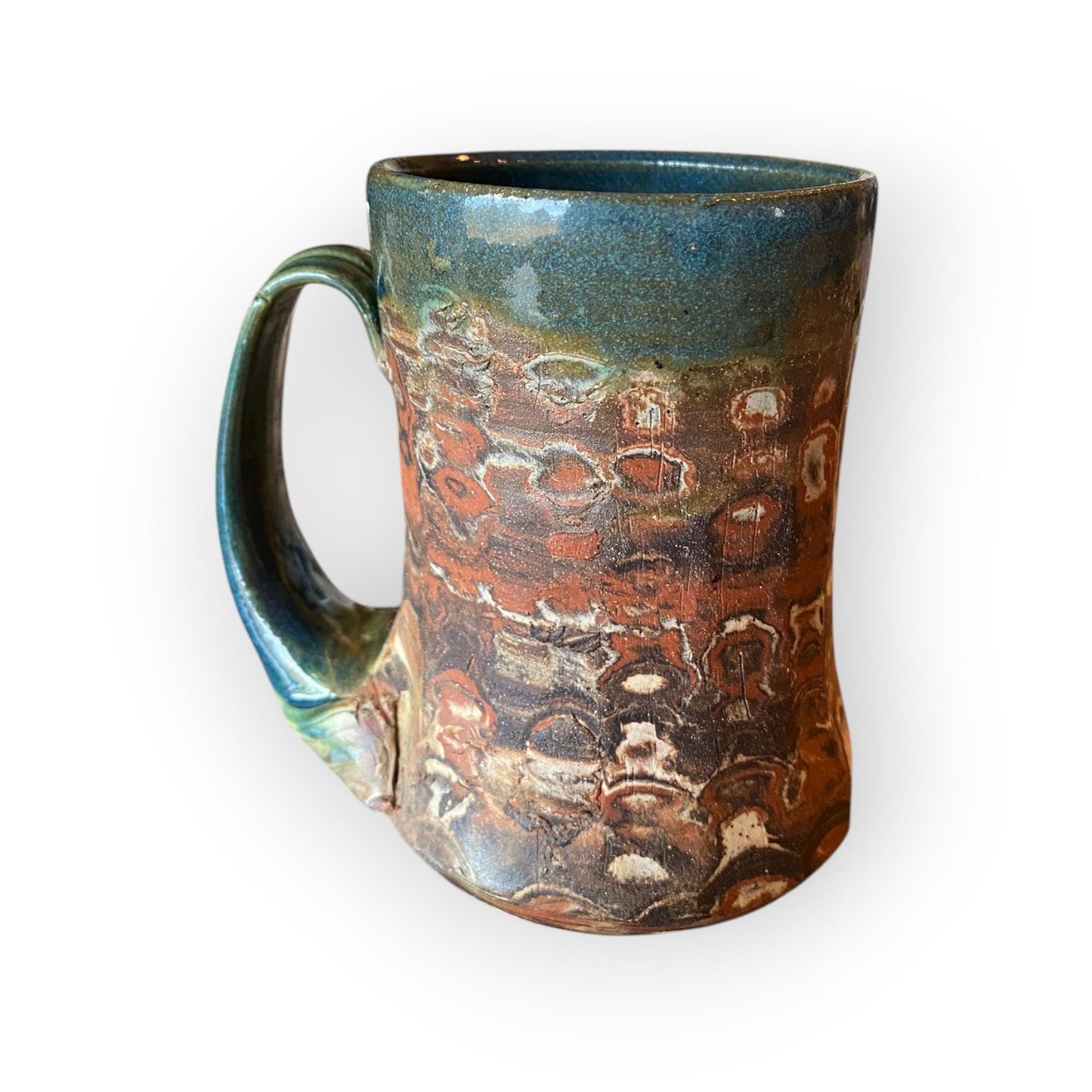 Fluted Stoneware Mug – Marbled Colored Clays with Japanese Neriage, Hand-Carved, Satin-Smooth Unglazed Pottery (B-21)