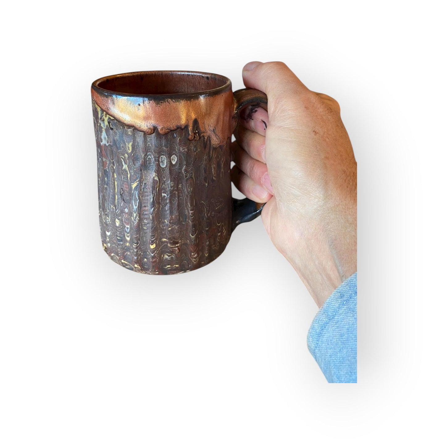 Fluted 16 Ounce Stoneware Mug – Marbled  Clays with Japanese Neriage, , Satin-Smooth Copper Glaze (B-25)