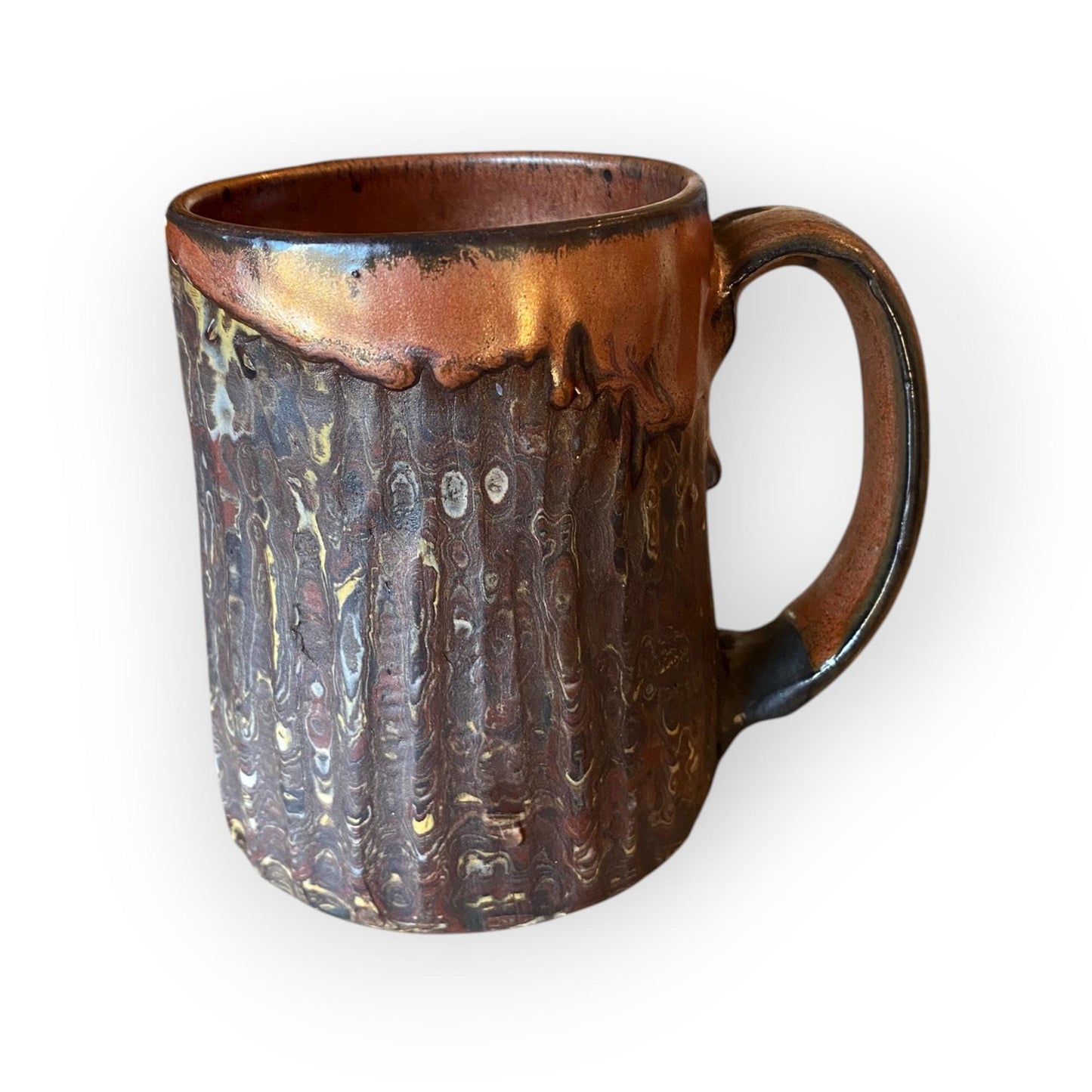 Fluted 16 Ounce Stoneware Mug – Marbled  Clays with Japanese Neriage, , Satin-Smooth Copper Glaze (B-25)
