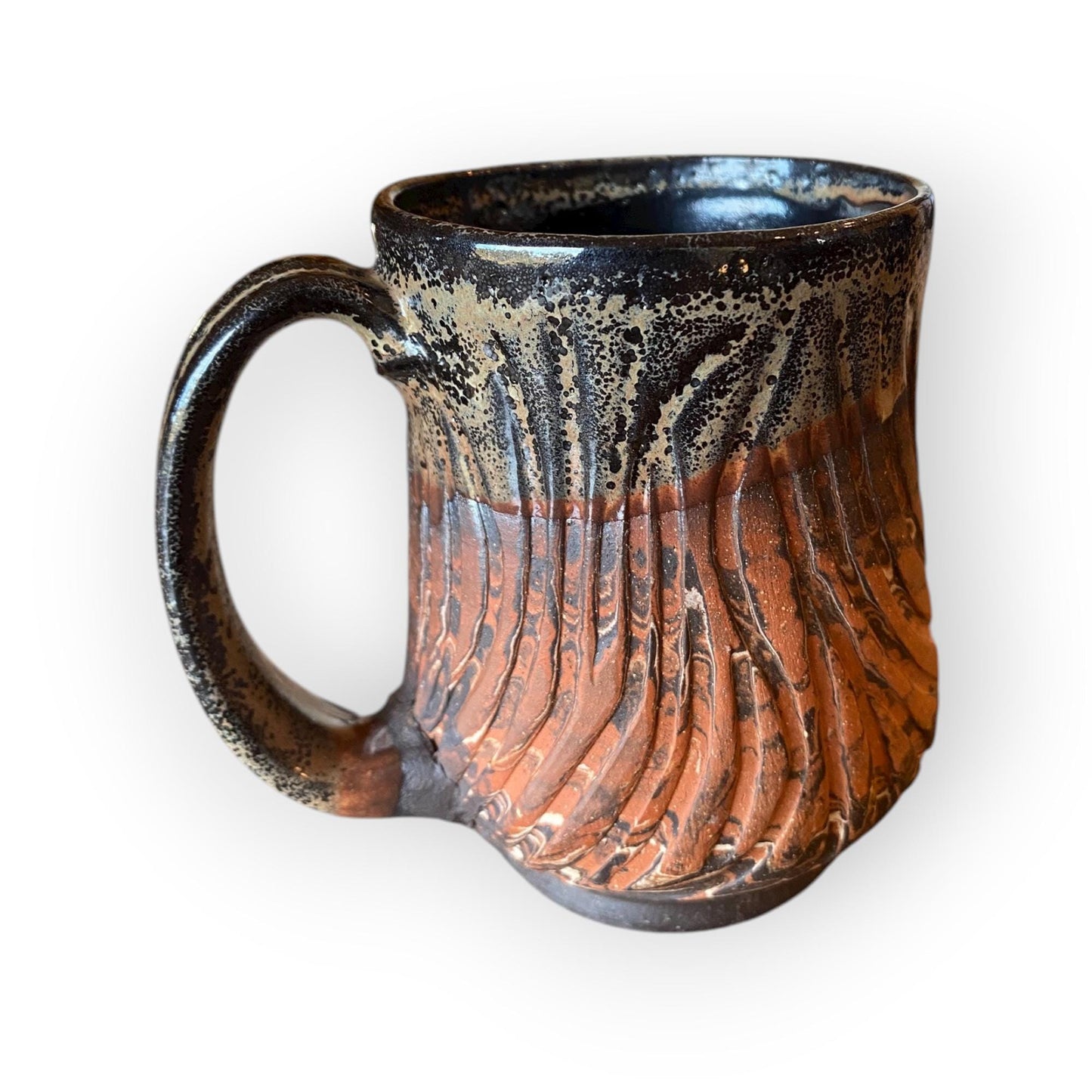 Fluted 14-Ounce Stoneware Mug – Marbled Clays with Japanese Neriage, Hand-Carved, Satin-Smooth  Pottery (B-26)
