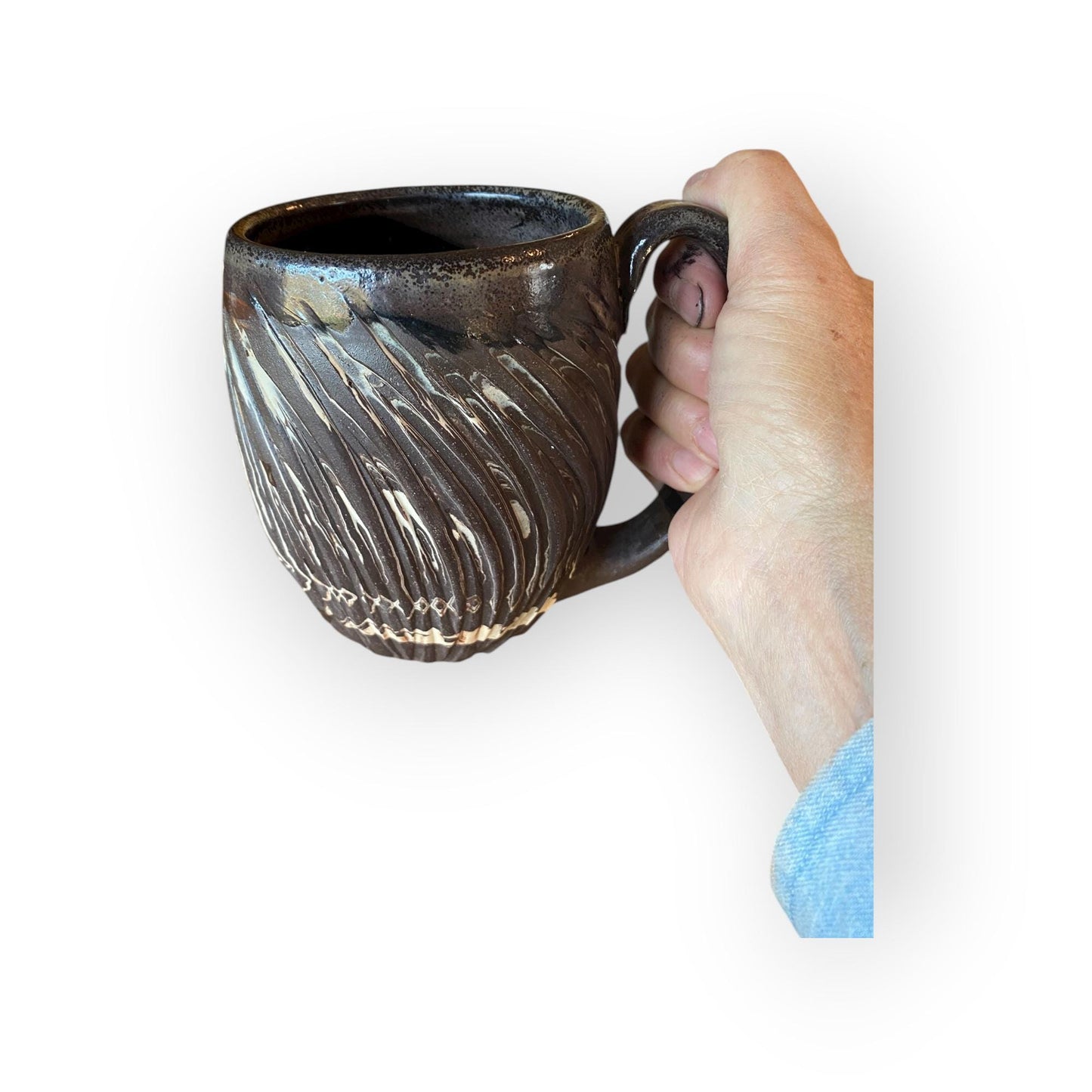 Handcrafted 16oz Earth-Toned Agateware Mug - Unique Carved Pottery for Coffee & Tea Enthusiasts (B-27)