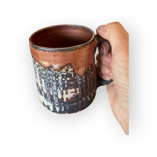 Handmade Agateware Coffee Mug Glazed in Soft Cinnamon Satin - 14-Ounce Pottery Tea Mug (B-30)